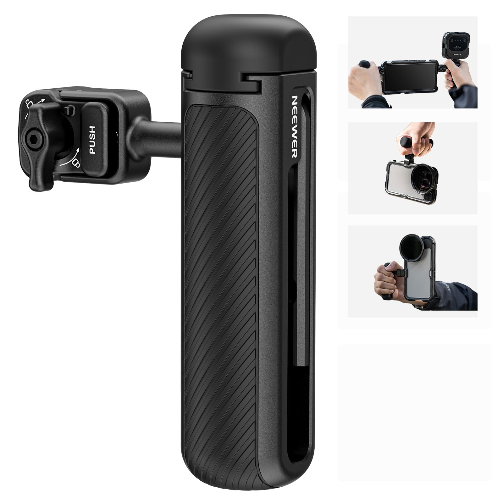 NEEWER Quick Release Side Handle for Phone Cage - Compatible with iPhone 16 Pro/16 Pro Max (PA073/PA074), Samsung S24 Ultra (PA042) - Anti-Slip Pin, Black Lock, Cold Shoe Mount - Perfect for Vlogging, Live Streaming & Mobile Filmmaking (PA045B)