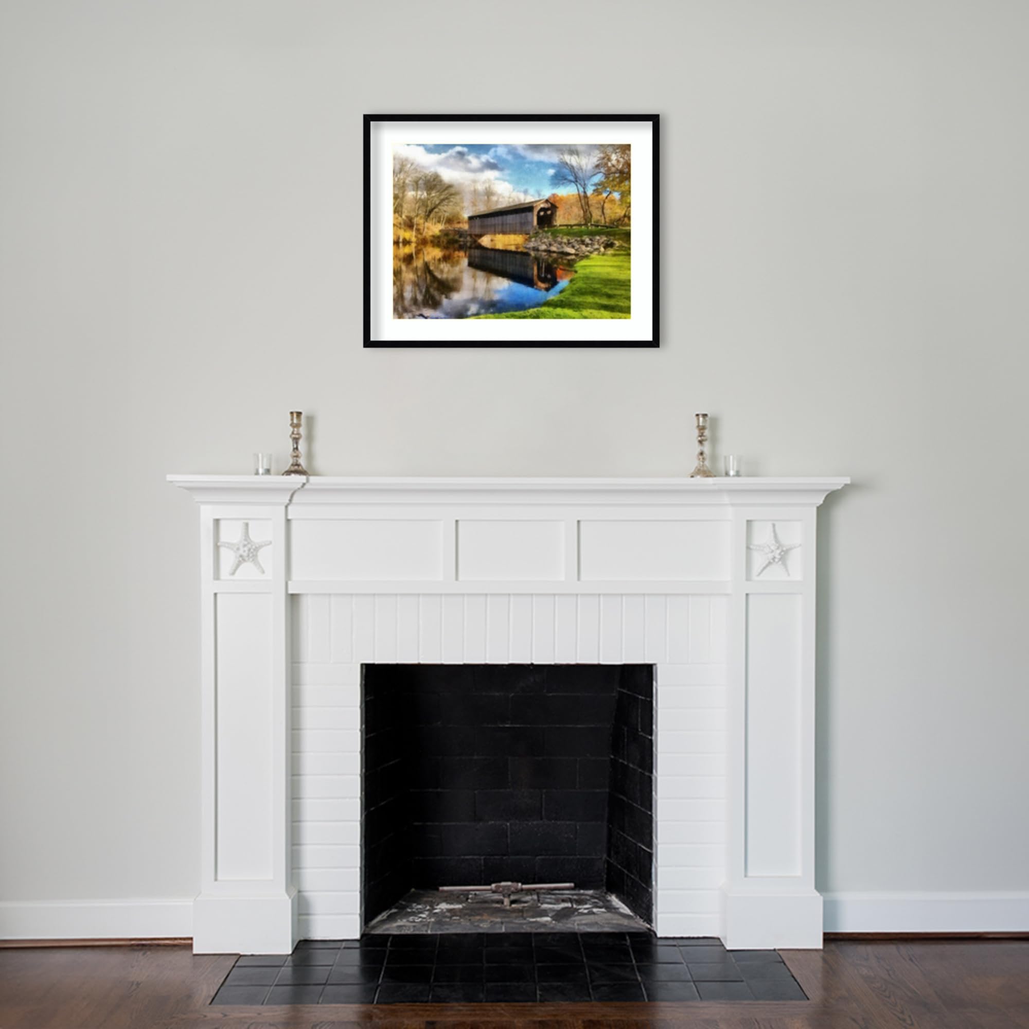 Amanti Art Framed Wall Art Print - Fallasburg Bridge In Fall Landscape Painting by Michelle Calkins - 26x33 Rustic Farmhouse Decor - Large Wall Art for Living Room, Bedroom, Bathroom - Perfect for Home, Office & Gift Giving