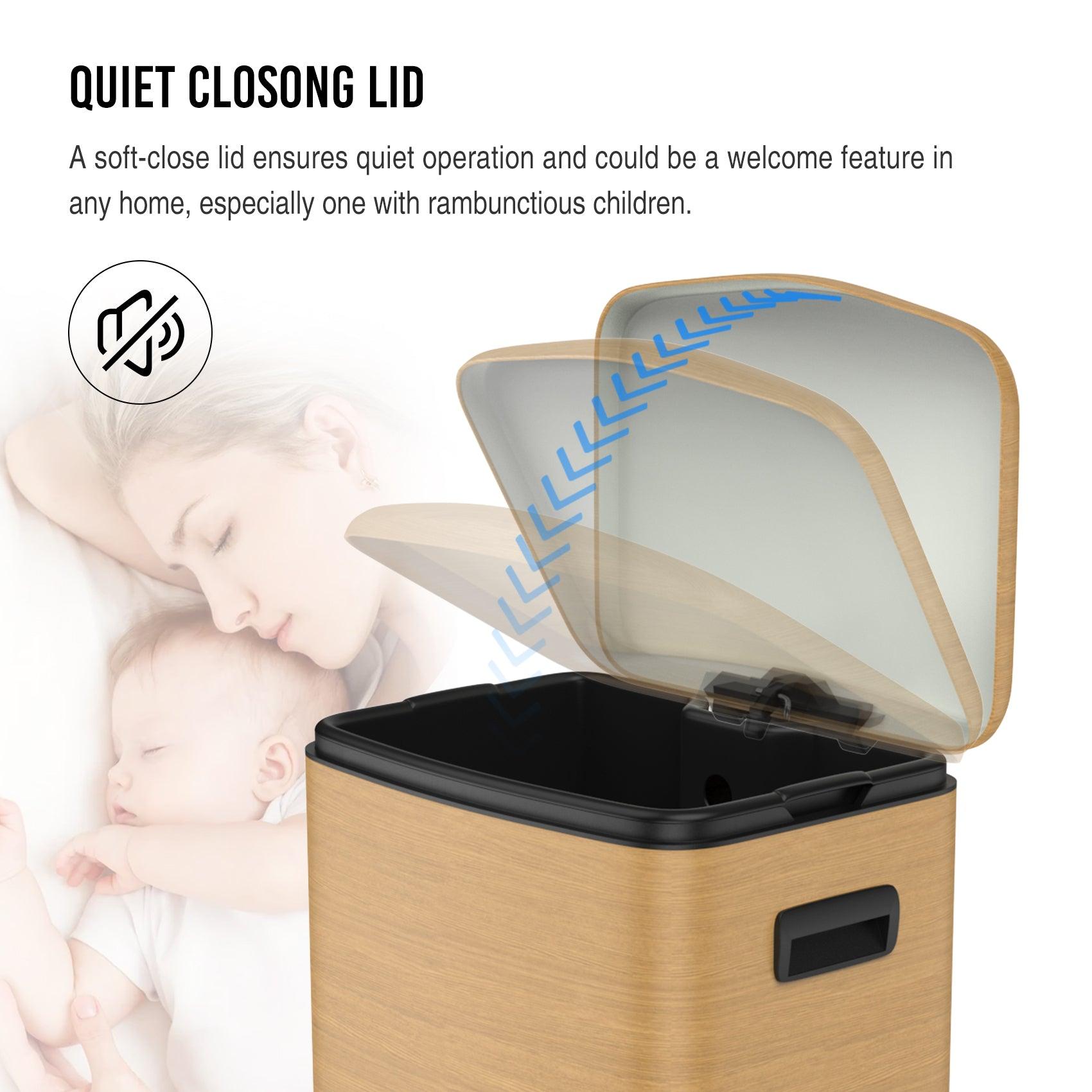 13 Gallon 50L Stainless Steel Rectangular Trash Can with Foot Pedal - Soft Close Lid, Wood Texture Design - Includes 30 Garbage Bags - Perfect for Kitchen, Office, or Bathroom Waste Disposal