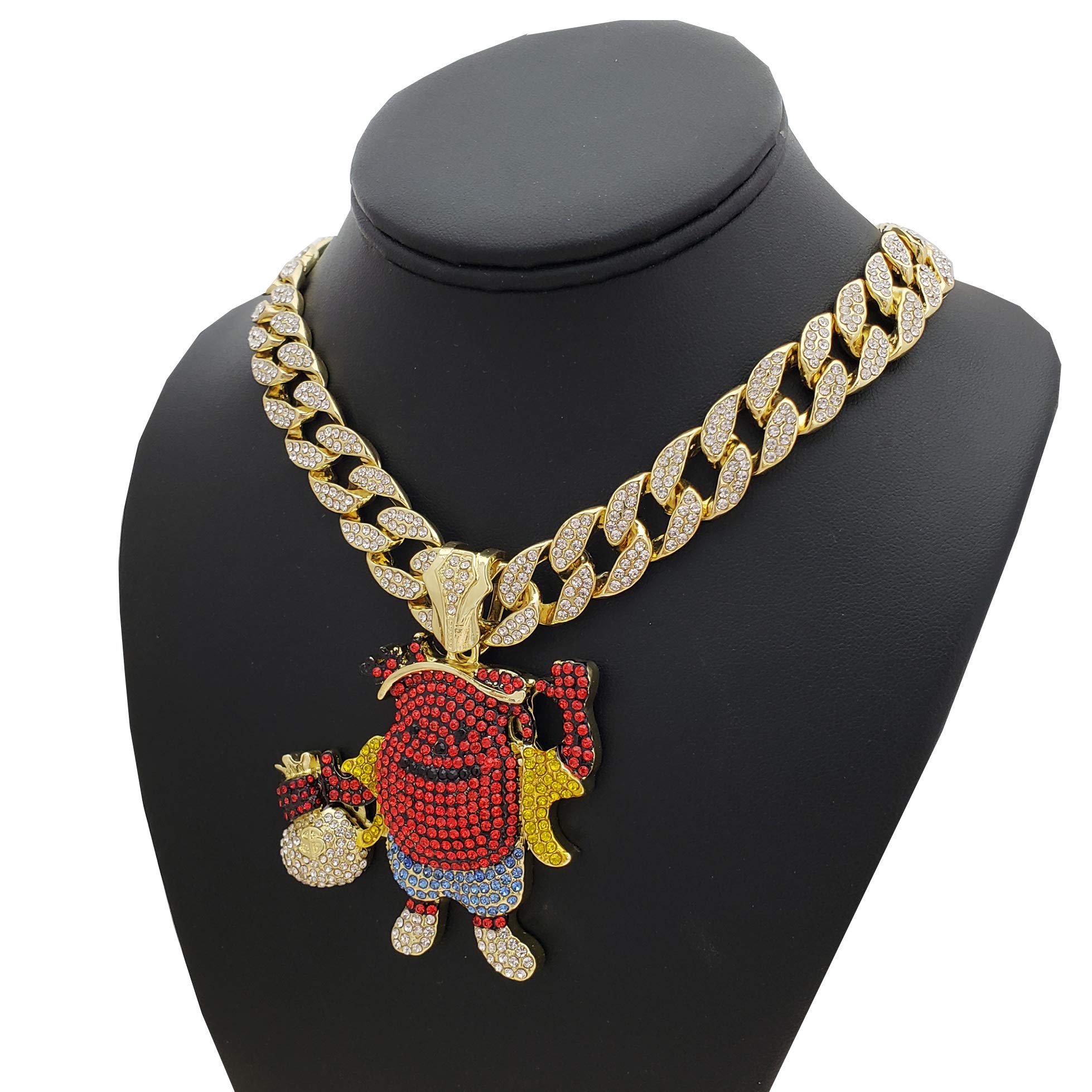 Kool Aid Man Hip Hop Pendant with Money Bag & 18 Inch Iced Cuban Link Choker Chain Necklace - Perfect for Streetwear Fashion and Rap Culture Enthusiasts