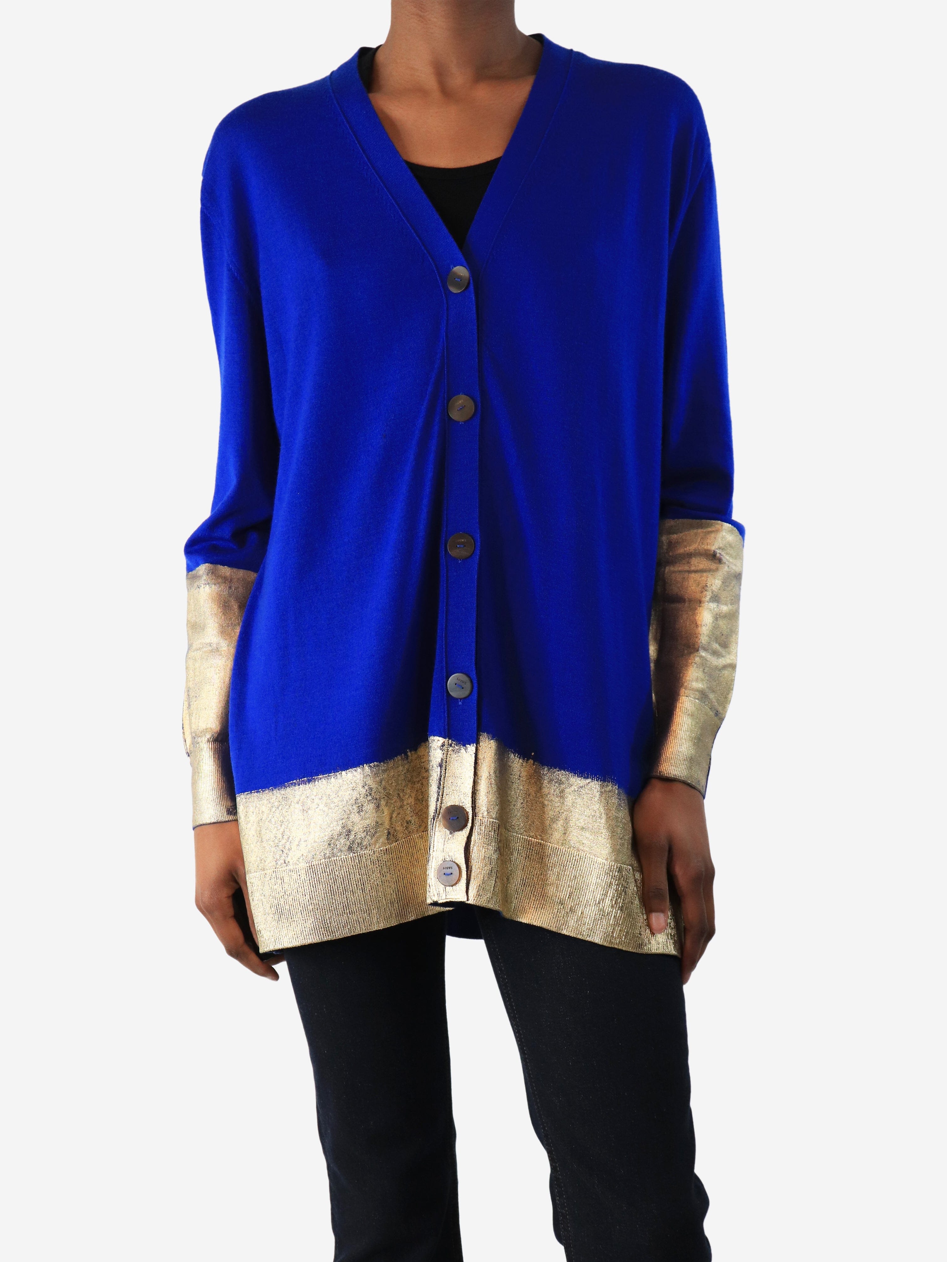Blue and Gold Hem Detail Cardigan for Women - Size XS | Cozy Knit Sweater for Casual Wear & Layering