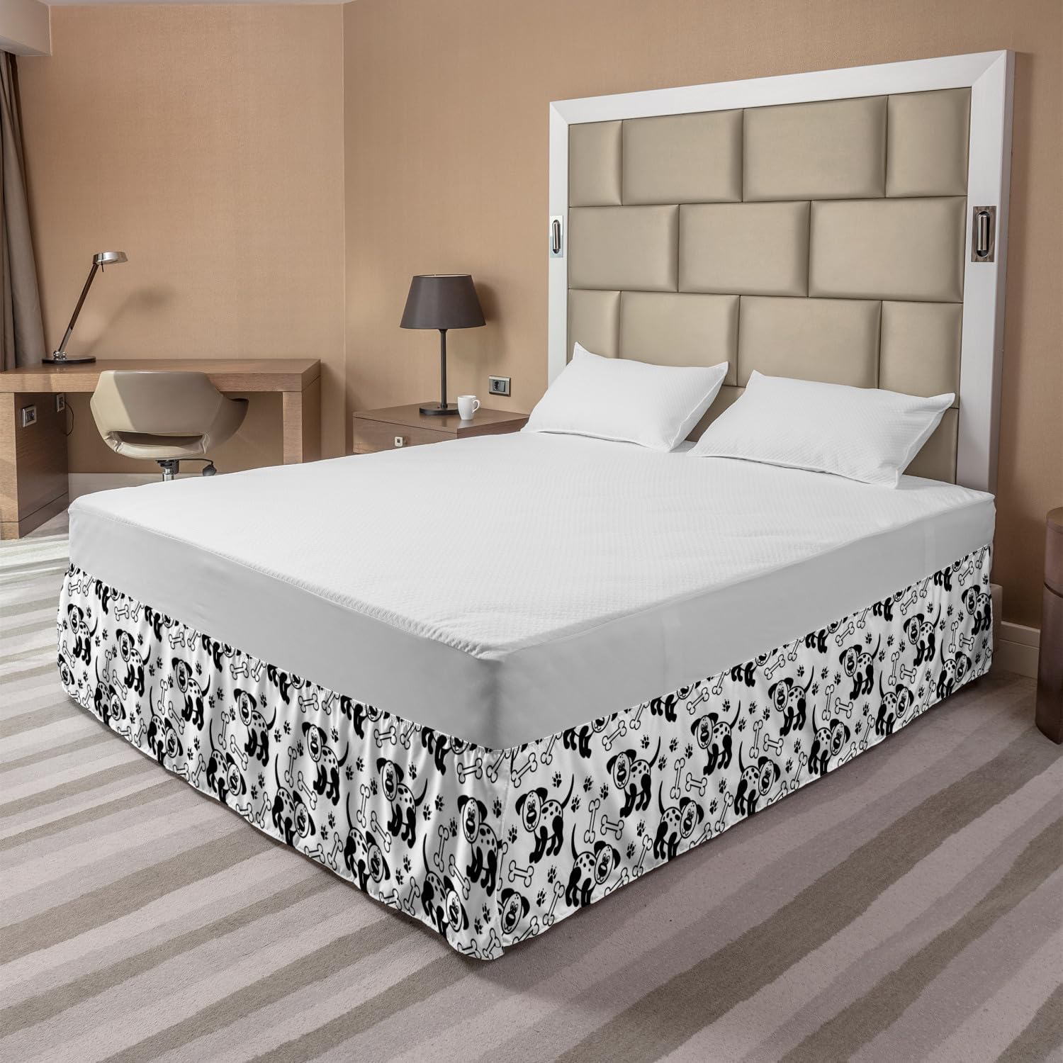 Ambesonne Elastic Bed Skirt with Monochrome Puppy Paws Design - King Size Dust Ruffle for Bedroom Decor, Charcoal Grey & White - Perfect for Modern Home Styling and Pet Lovers