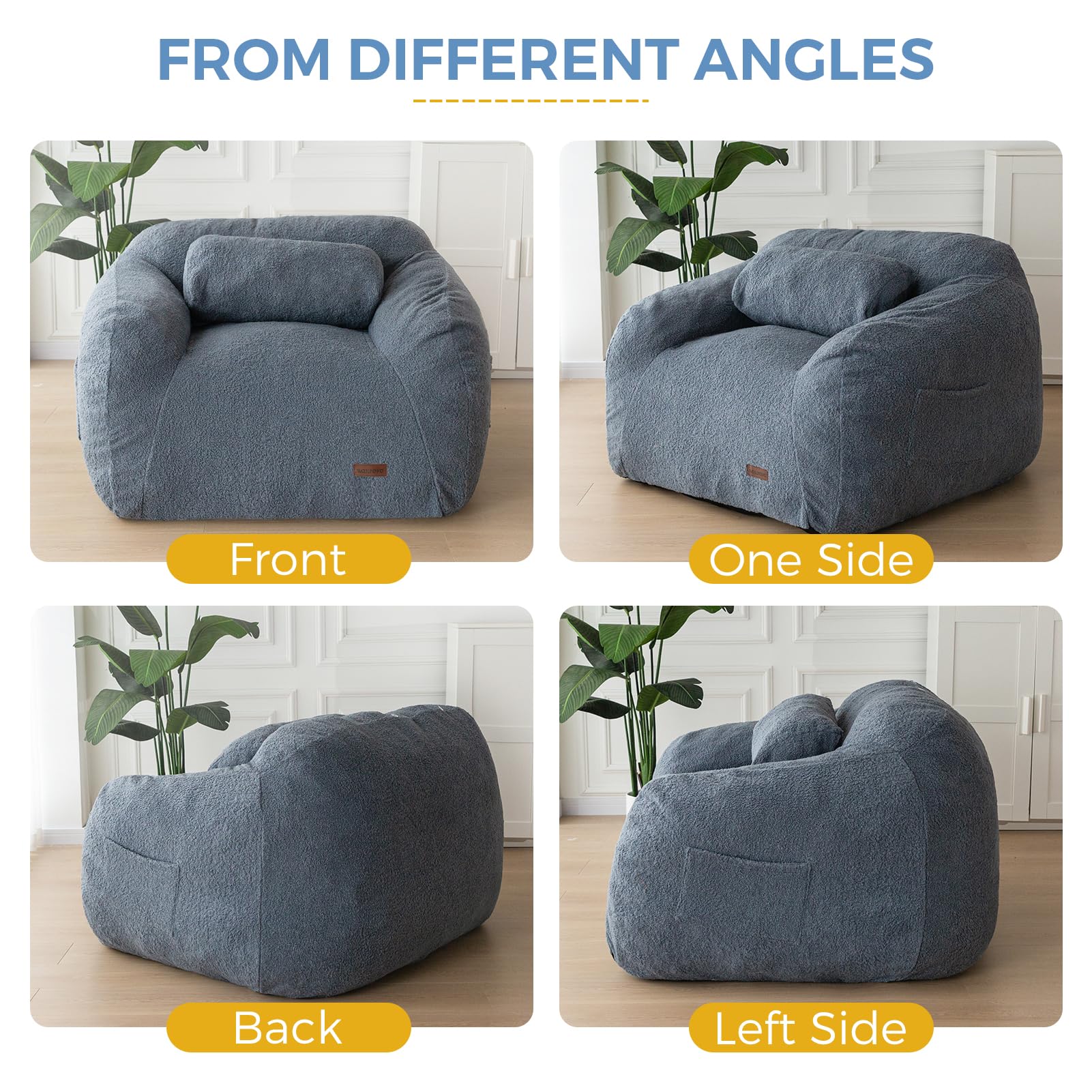 MAXYOYO Giant Bean Bag Chair with Pillow - Extra Large Fuzzy Comfy Lounger for Adults & Teens - Dusty Blue Oversized Floor Seat for Reading, Gaming & Relaxation - Perfect for Bedrooms, Dorms & Living Rooms