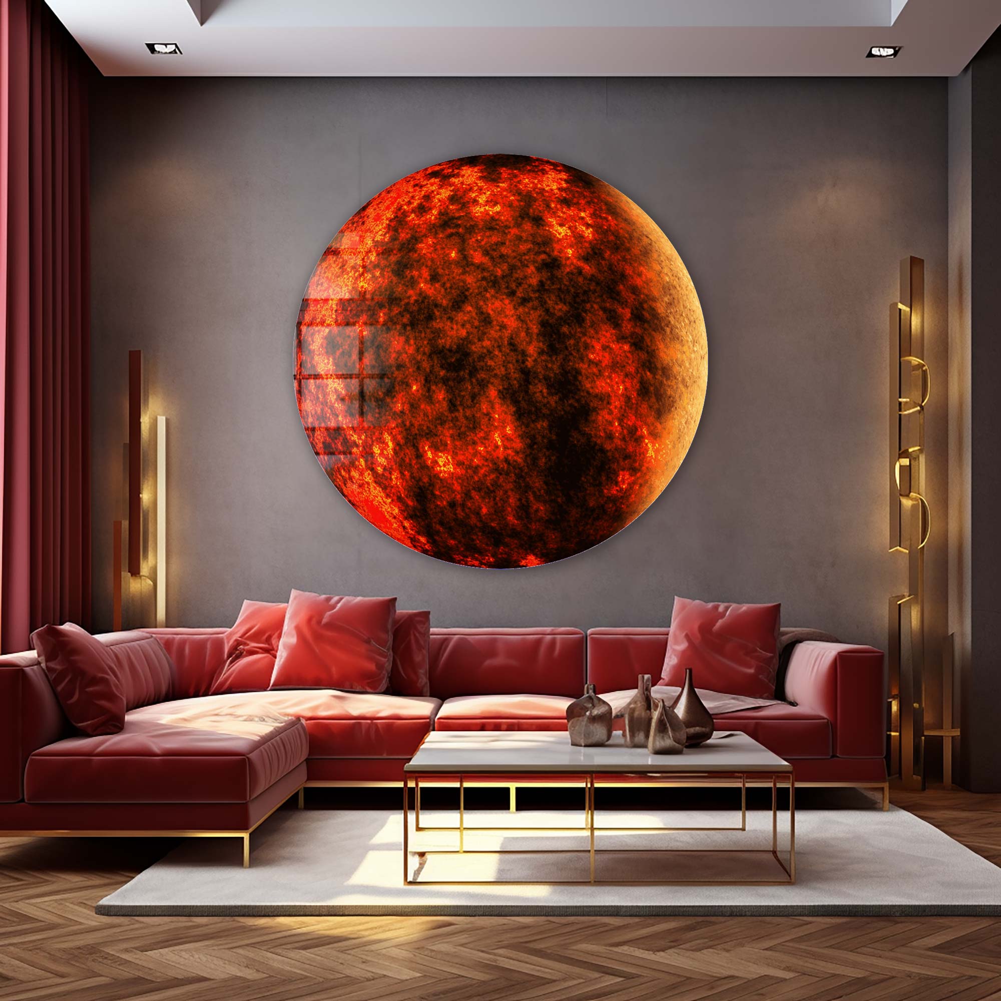 Red Planet Rounded Glass Wall Art - Modern Home Decor for Living Room, Bedroom & Office - Unique Space-Themed Interior Design