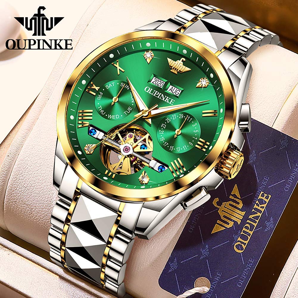 OUPINKE Men's Automatic Skeleton Watch - Self-Winding Mechanical Watch with Sapphire Crystal, 50M Waterproof & Tungsten Steel Case - Perfect for Business, Formal Events & Everyday Wear