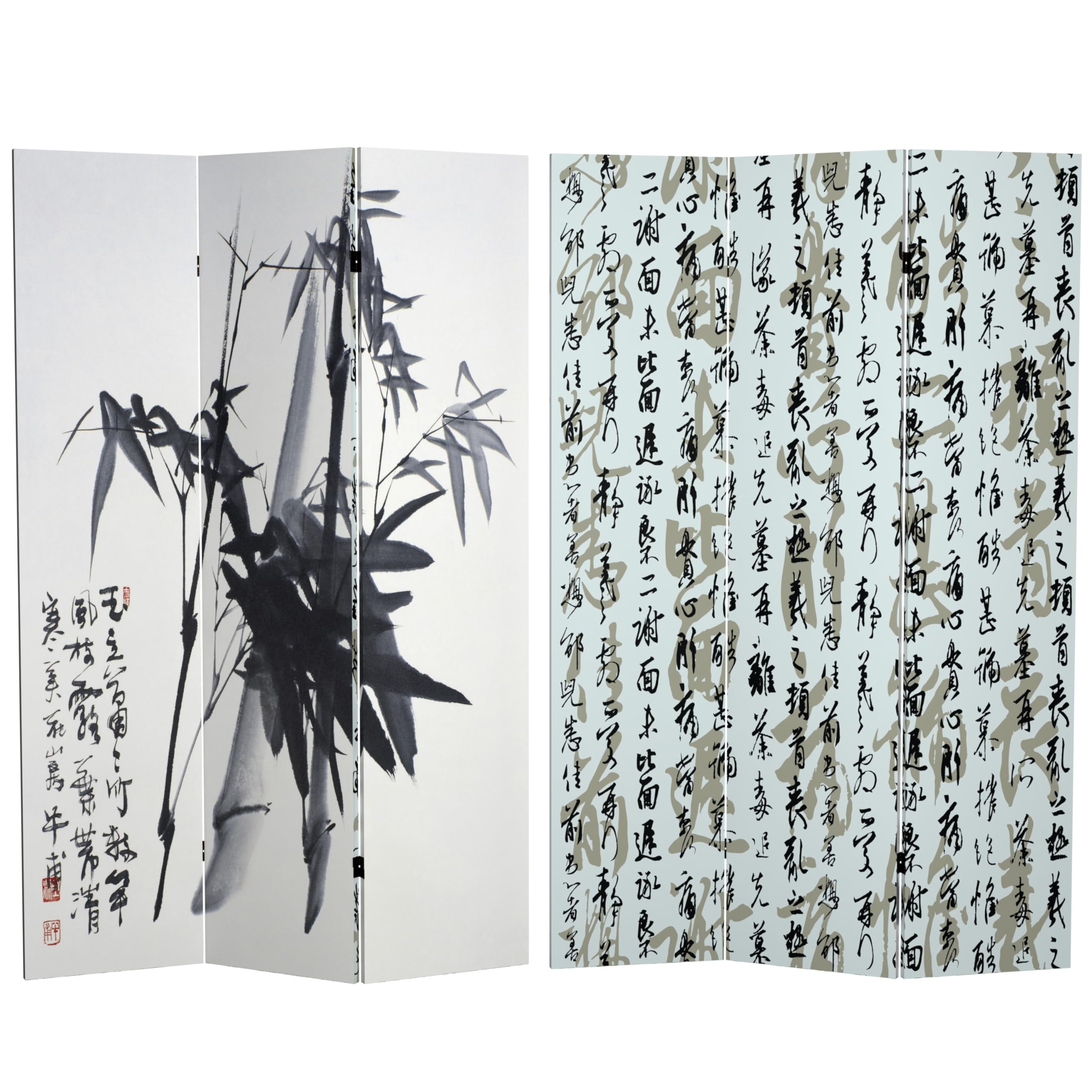 6 ft. Tall Red Lantern Double Sided Zen Brushstroke Canvas Room Divider - Bamboo Calligraphy Asian Style Folding Screen for Home Decor, Office Partition & Meditation Space