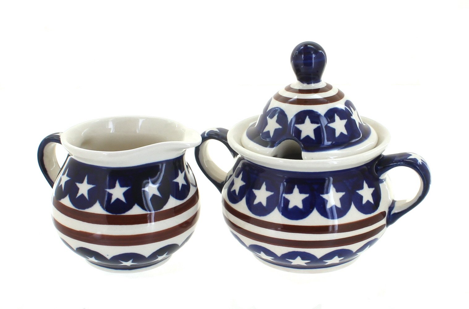 Blue Rose Polish Pottery Stars & Stripes Cream and Sugar Set - Vintage Handmade Ceramic Tea Coffee Serving Set for 4th of July, Thanksgiving, and Holiday Decor