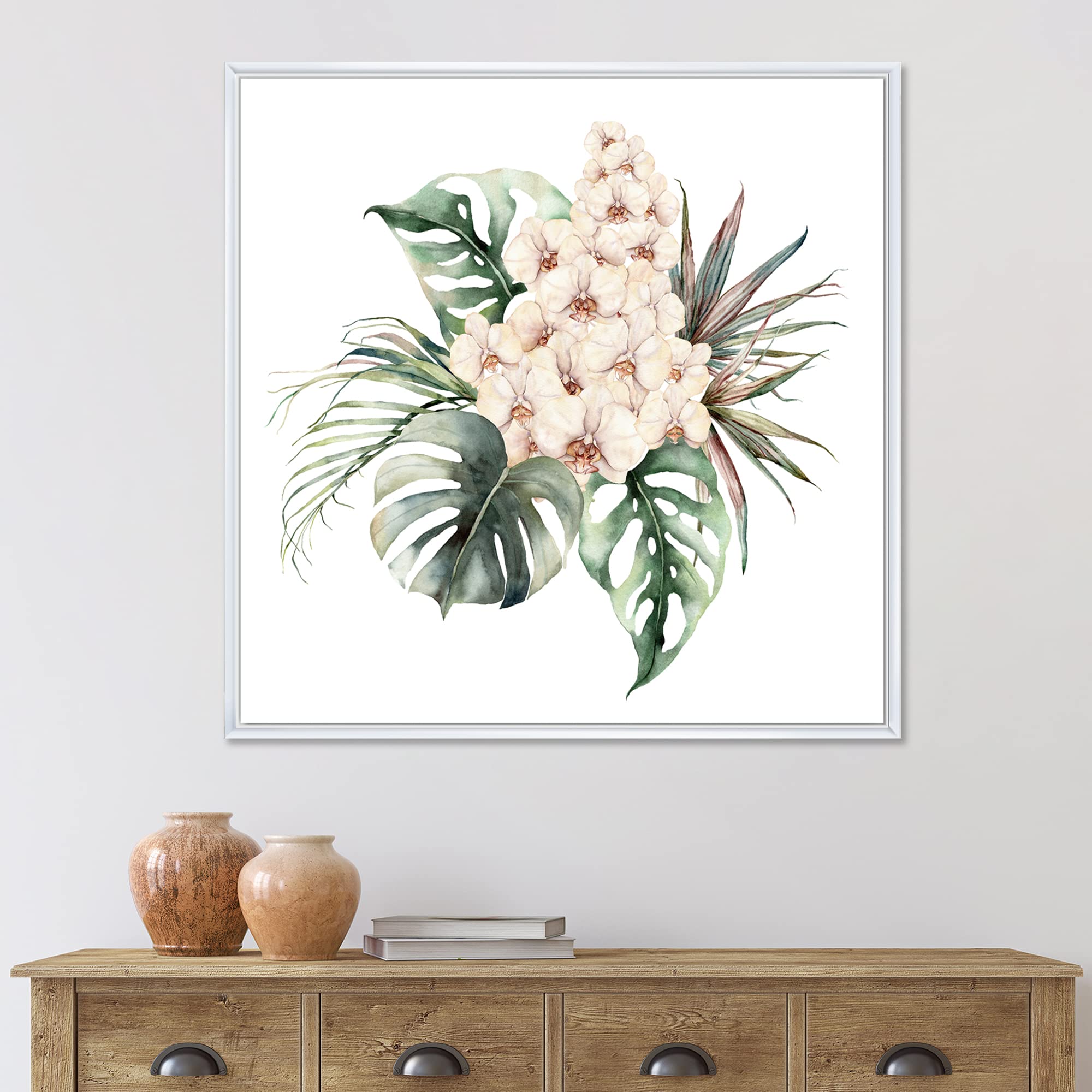 DesignQ Orchid Monstera Coconut Leaves Framed Canvas Wall Art Print - Elegant Home Decor for Living Room, Bedroom & Office