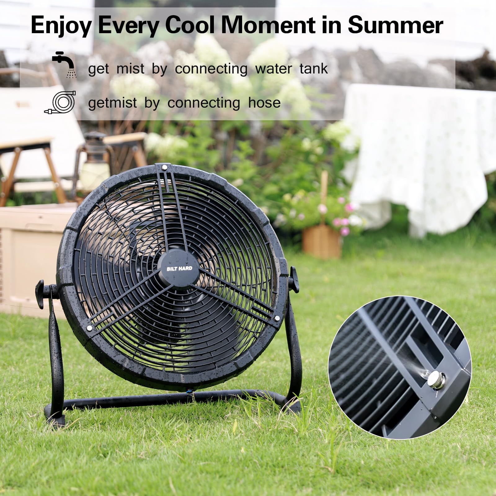 BILT HARD 16 Inch Outdoor Portable Misting Fan with 15600mAh Detachable Battery - Rechargeable Floor Fan for Patio, Camping, Travel, Backyard, BBQ & Outdoor Activities | Cooling Fan for Hot Weather