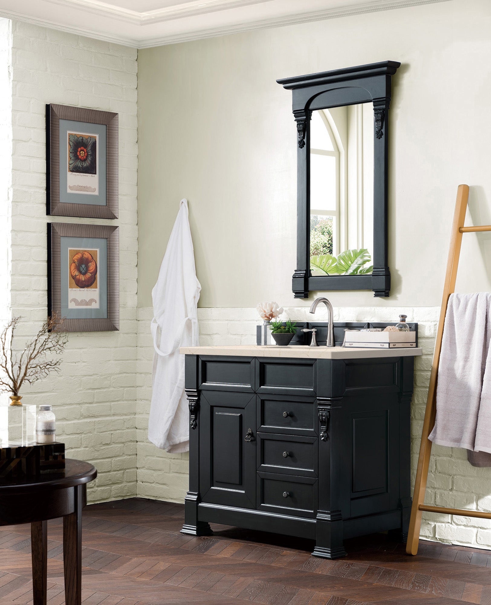 Brookfield 36 Inch Single Bathroom Vanity Set with Antique Black Finish & 3CM Eternal Marfil Quartz Countertop - Perfect for Modern Master Bathrooms & Powder Rooms