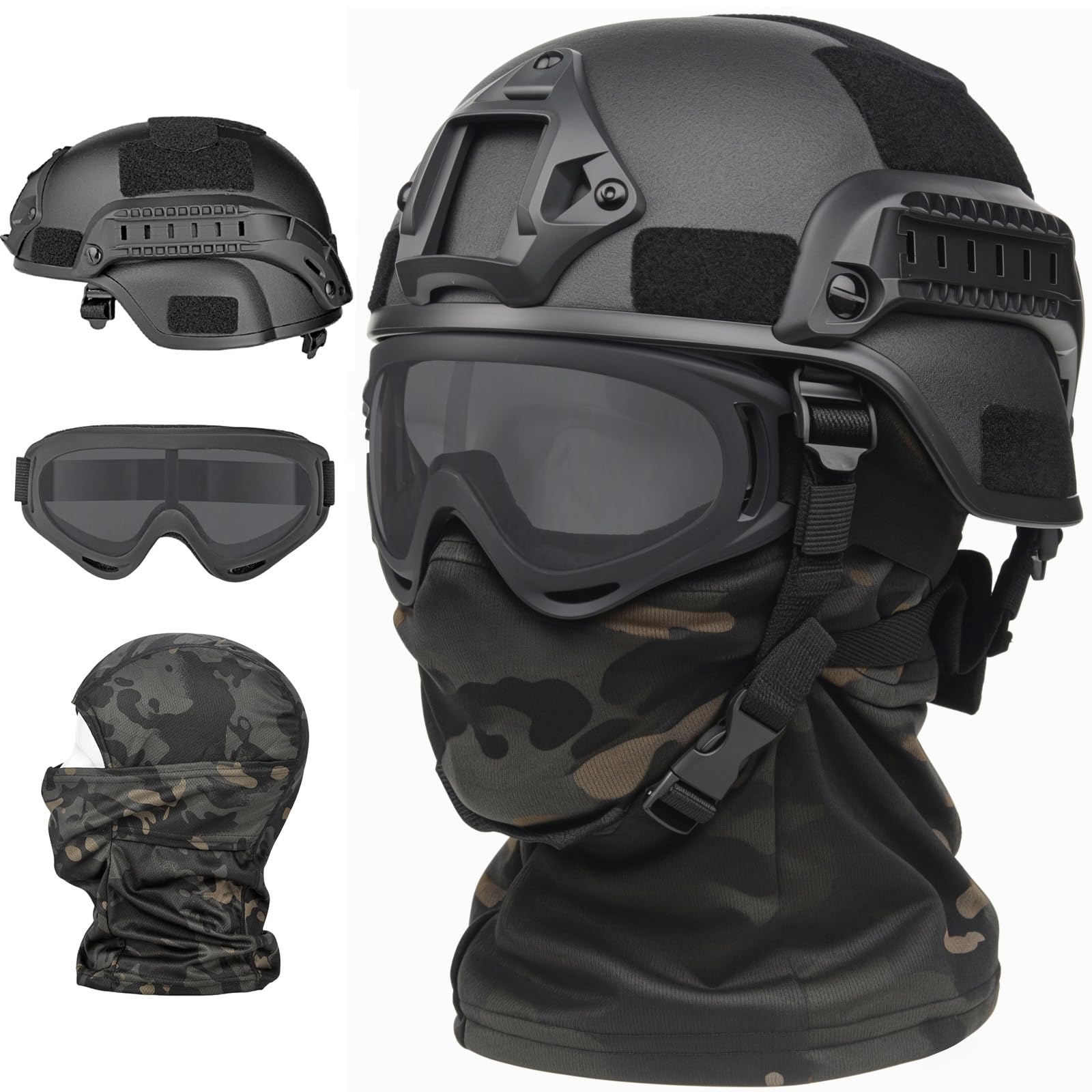 Tactical Airsoft Helmet & Full Face Protection Set - Black Military Gear with Anti Fog Goggles, Mesh Mask & Balaclava | Perfect for Airsoft Games, Paintball & Outdoor Tactical Training