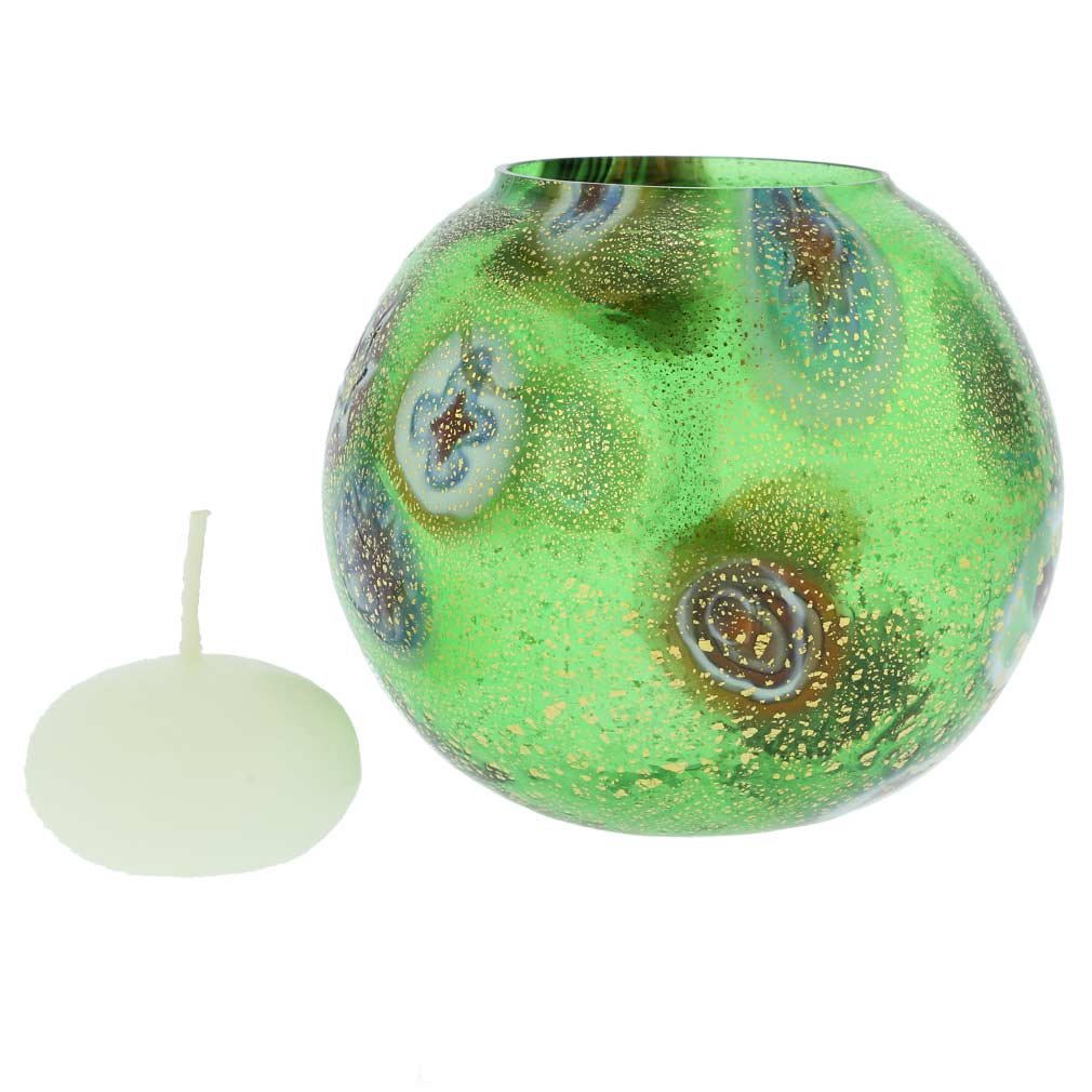 Venetian Murano Glass Millefiori Votive Candle Holder - Handcrafted Green Art Glass for Home Decor, Wedding Centerpieces & Gift Giving