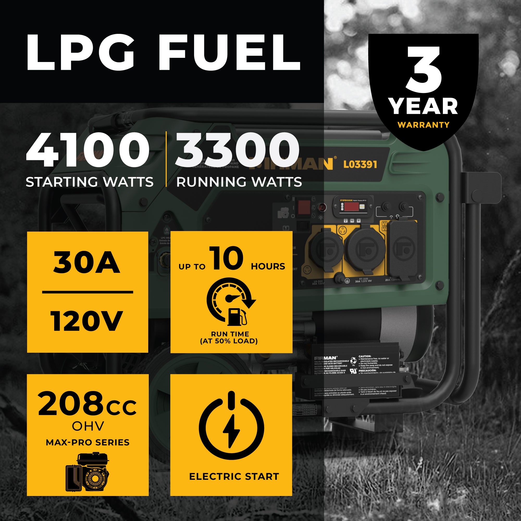 4100W LPG Portable Generator with Electric Start - Perfect for Camping, RV Trips, and Emergency Power Backup