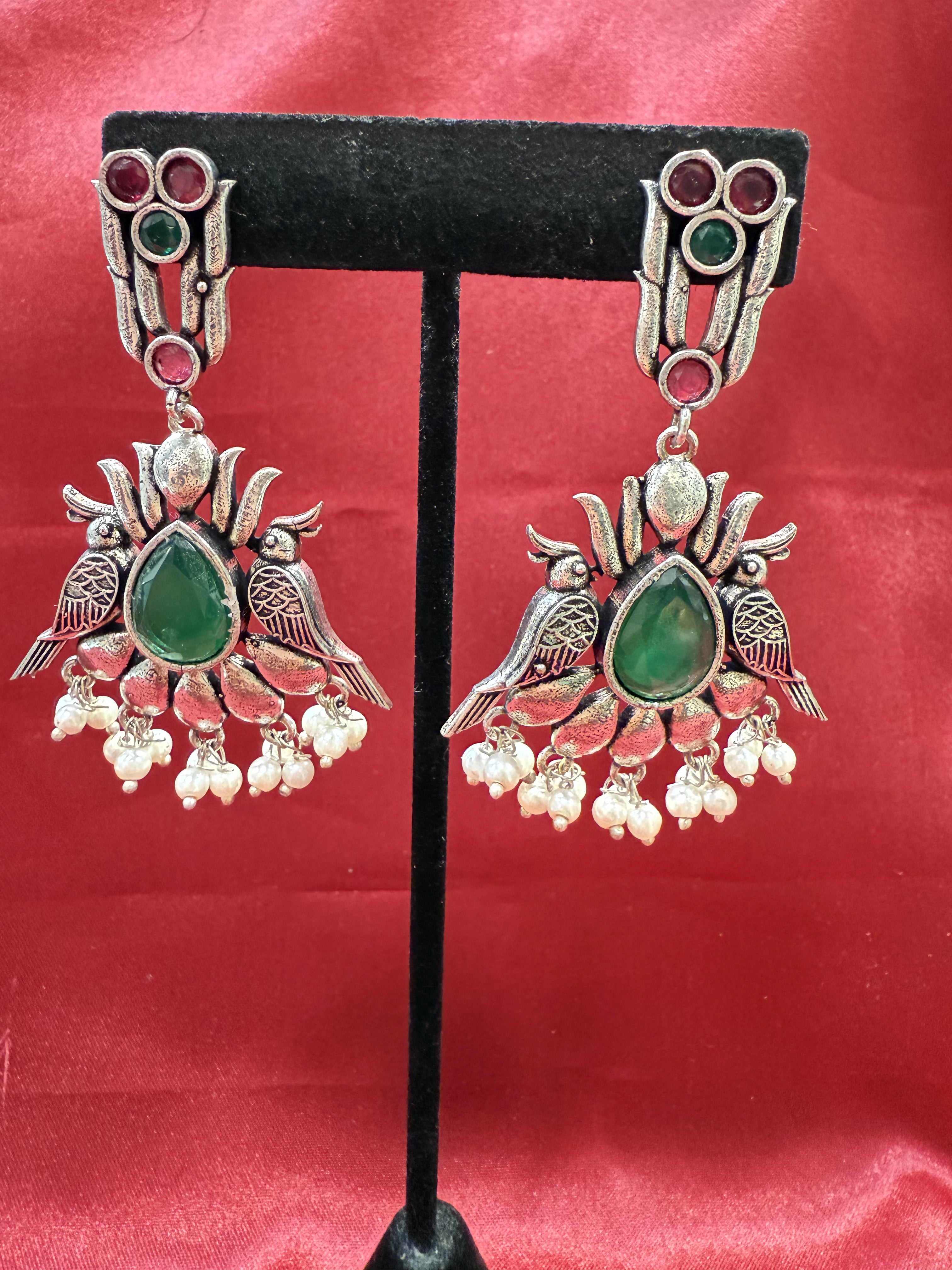 Exquisite Dark Green & Magenta Stone Beaded Bird Design Oxidized Earrings for Women | Boho Chic Jewelry Gift for Parties, Weddings & Special Occasions