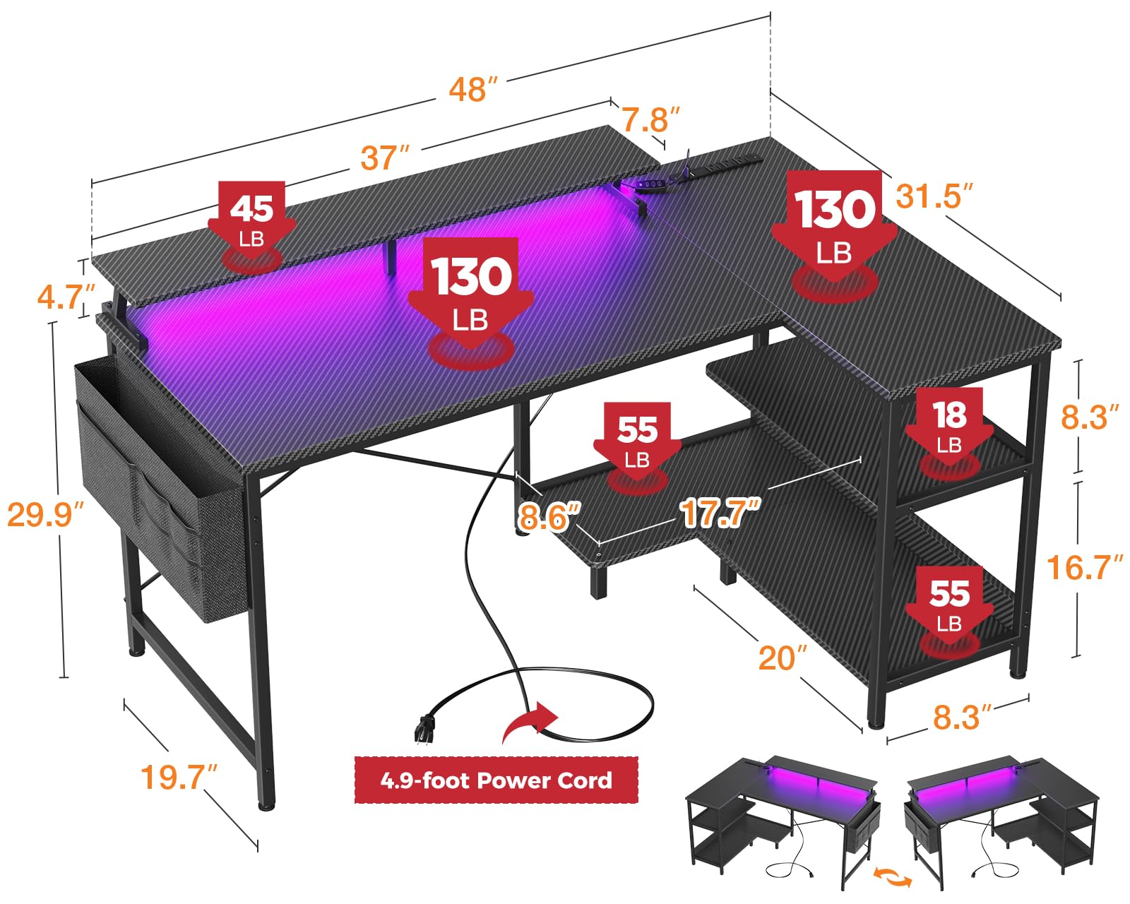 ODK 48 Inch L-Shaped Gaming Desk with USB Charging Ports, LED Lights & Power Outlets - Reversible Corner Computer Desk with Storage Shelves & Monitor Stand (Black) - Perfect for Gamers, Streamers & Home Office Setup