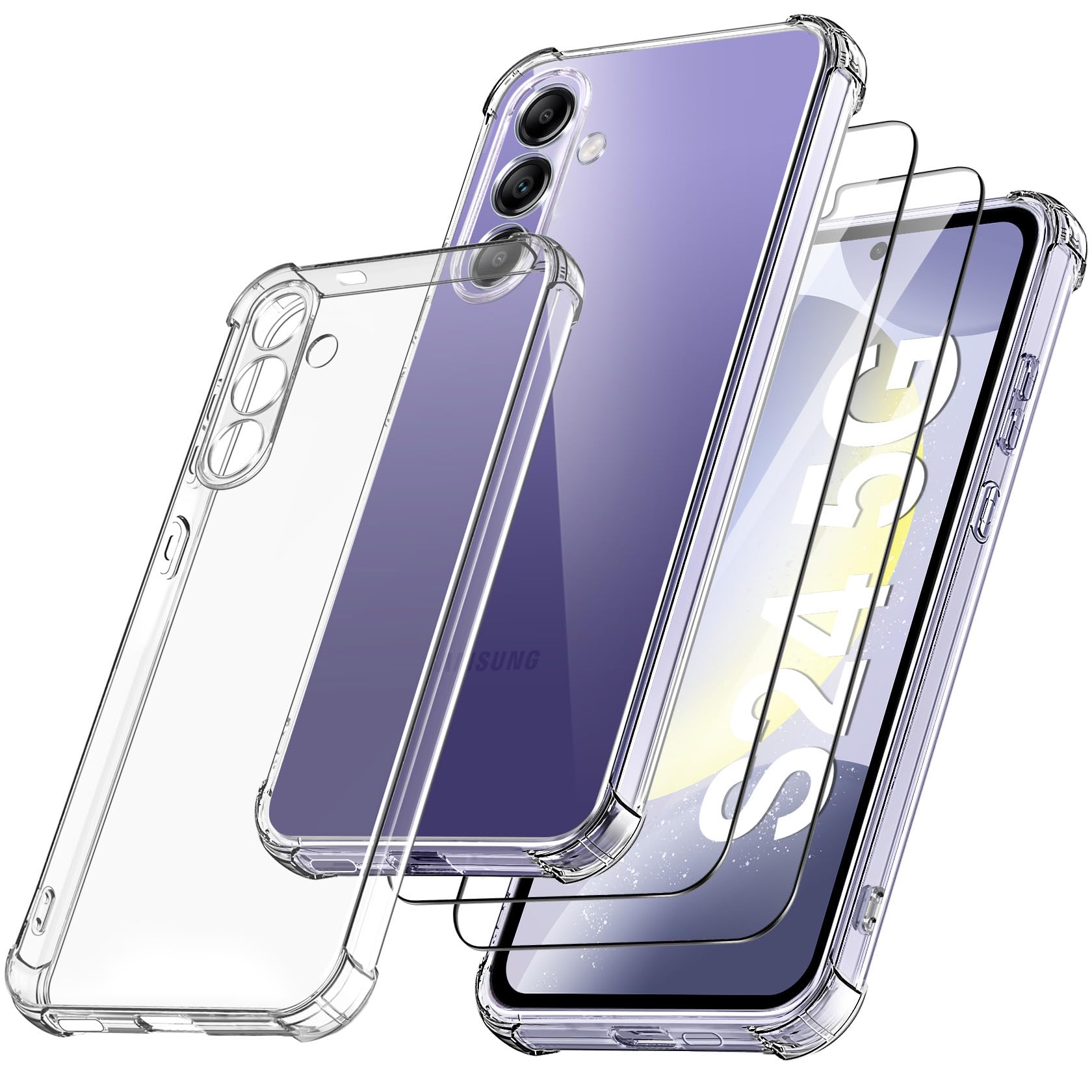 FLLAO Shockproof Case Compatible with Samsung Galaxy S24 5G with 2-Pack Tempered Glass Screen Protectors - Slim Flexible TPU Silicone Bumper Case with Reinforced Corners, Clear (Perfect for Daily Use, Work & Travel Protection)