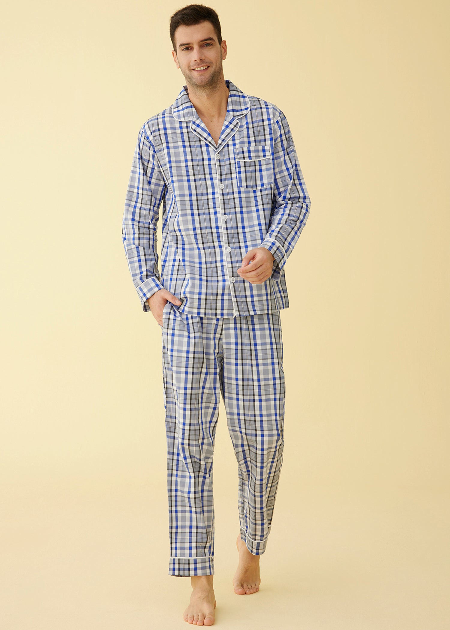 Men's Lightweight Cotton Pajama Set - Long Sleeve Shirt & Pants for Comfortable Sleep & Lounge Wear - Perfect for Nighttime Relaxation, Travel & Home Use