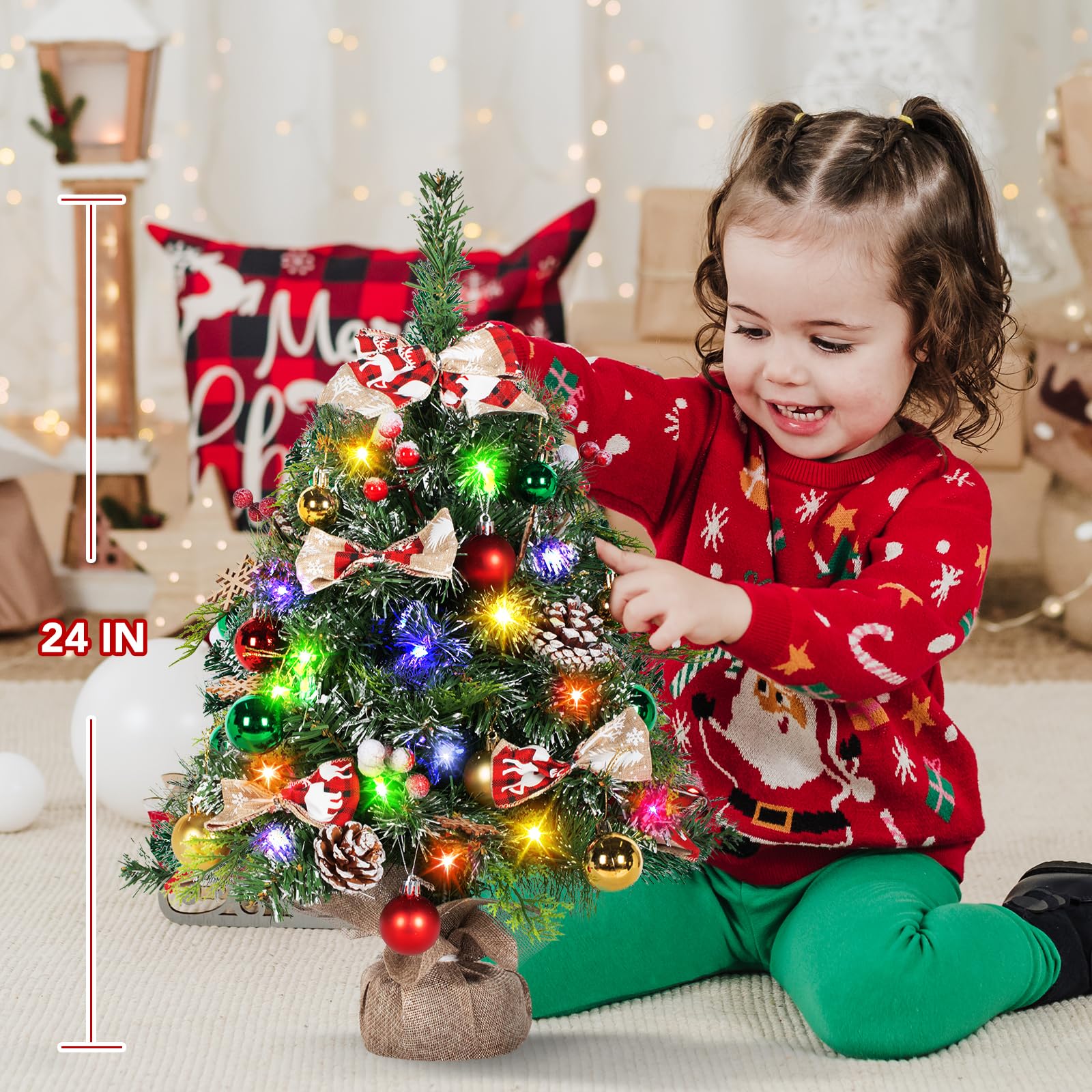 NALONE 24 Inch Mini Christmas Tree with Battery Operated LED Lights & Timer - Snow Dusted Artificial Tabletop Xmas Tree with 36 Ornaments, Pinecones & Red Berries - Perfect for Home, Office, Dorm & Holiday Decorations