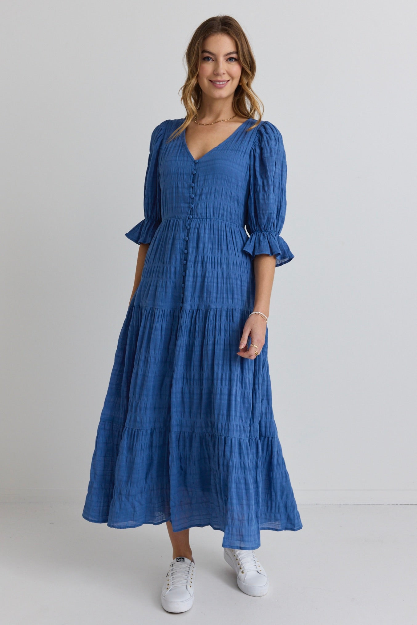 Dreamy Steel Blue Bubble Sleeve Button Front Tiered Maxi Dress for Women - Elegant Boho Summer Beach Dress for Vacations & Outdoor Events