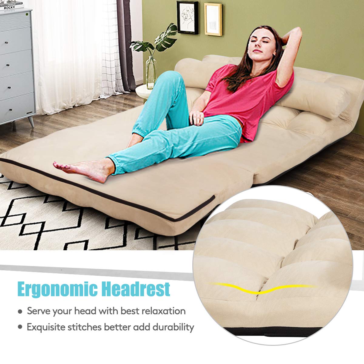 S AFSTAR 6-Position Adjustable Folding Sofa Bed with 2 Pillows - Convertible Futon Couch for Living Room, Bedroom & Small Spaces - Comfortable Sponge Filling Sleeper Sofa (Beige) | Perfect for Apartments, Guest Rooms & Home Offices
