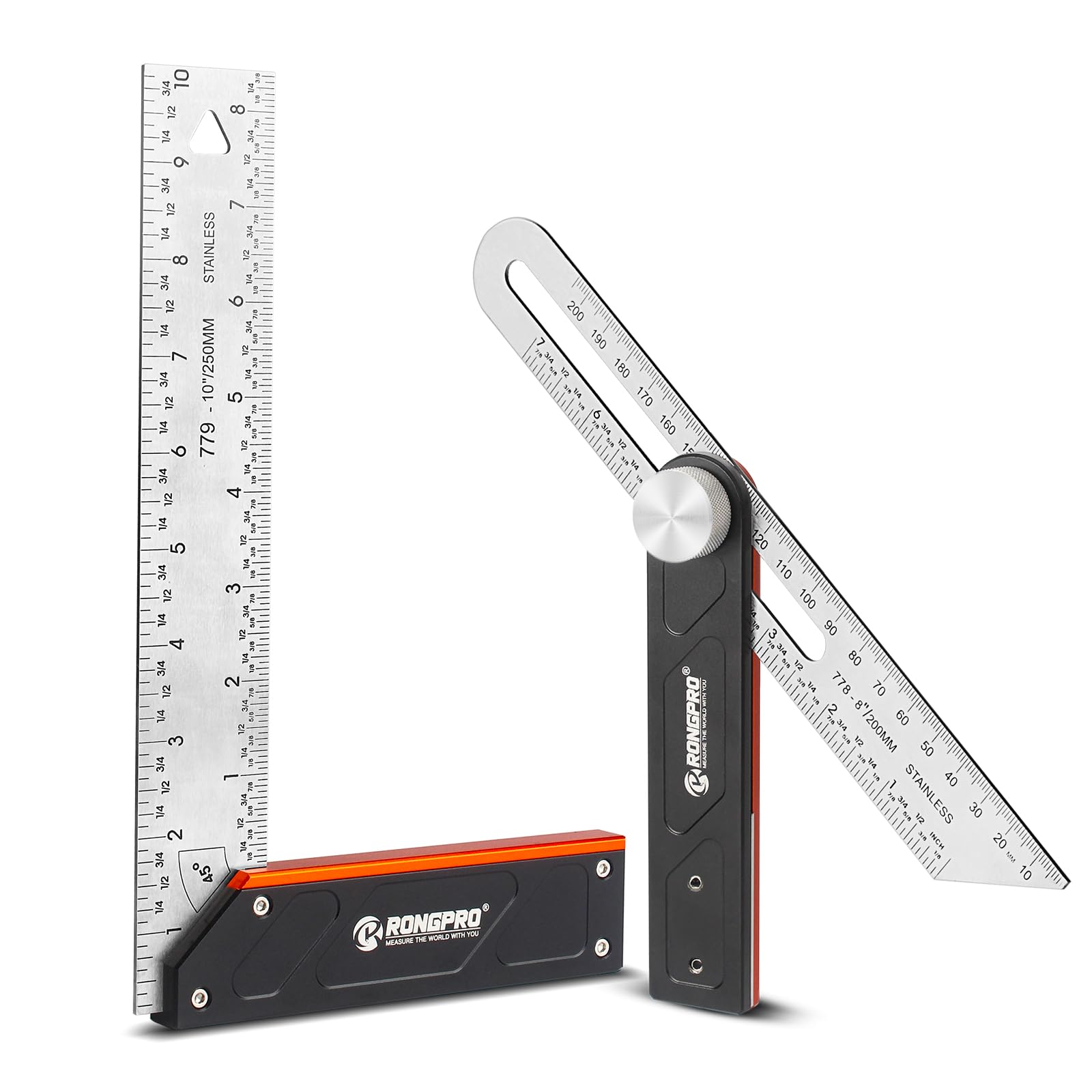 10 Inch Woodworking Square Ruler & T-Bevel Gauge Set - 1/16