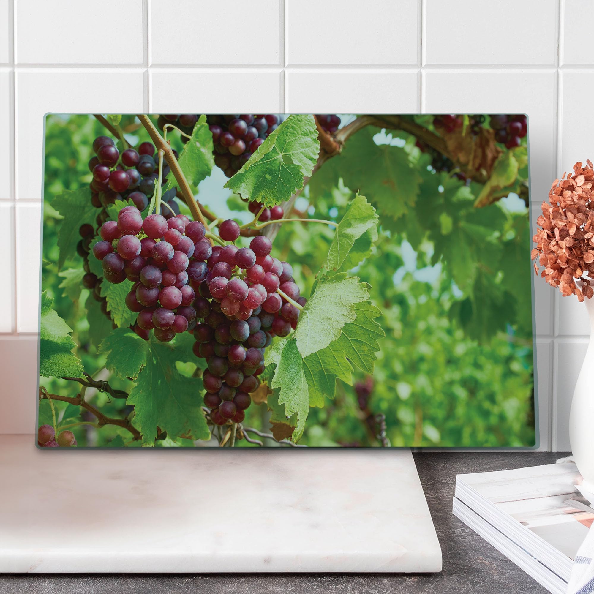 Ambesonne Grape Tempered Glass Cutting Board - Large Decorative Serving Tray with Concorde Wine Grapes & Vineyard Design - Perfect for Cheese Platters, Charcuterie Boards & Kitchen Decor - Green Lime Color