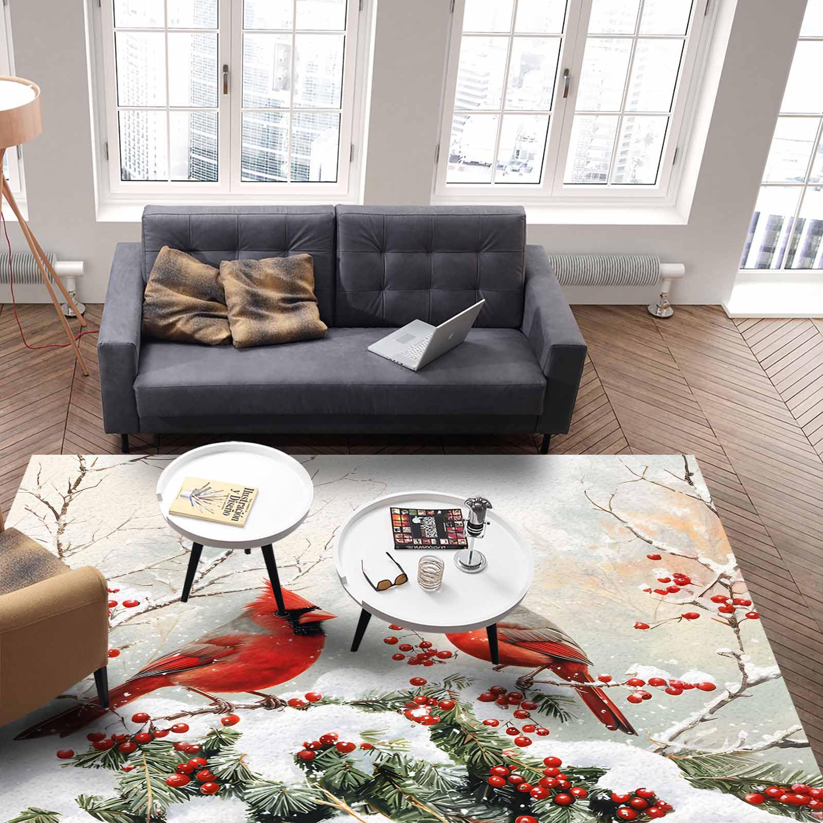 Non-Slip Christmas Indoor Area Rug - Red Birds Snowflake Berry Botanical Design - 3'x5' Kitchen Runner, Bathroom Mat for Bedroom, Living Room & Kids Room - Perfect for Holiday Decor & Cozy Home