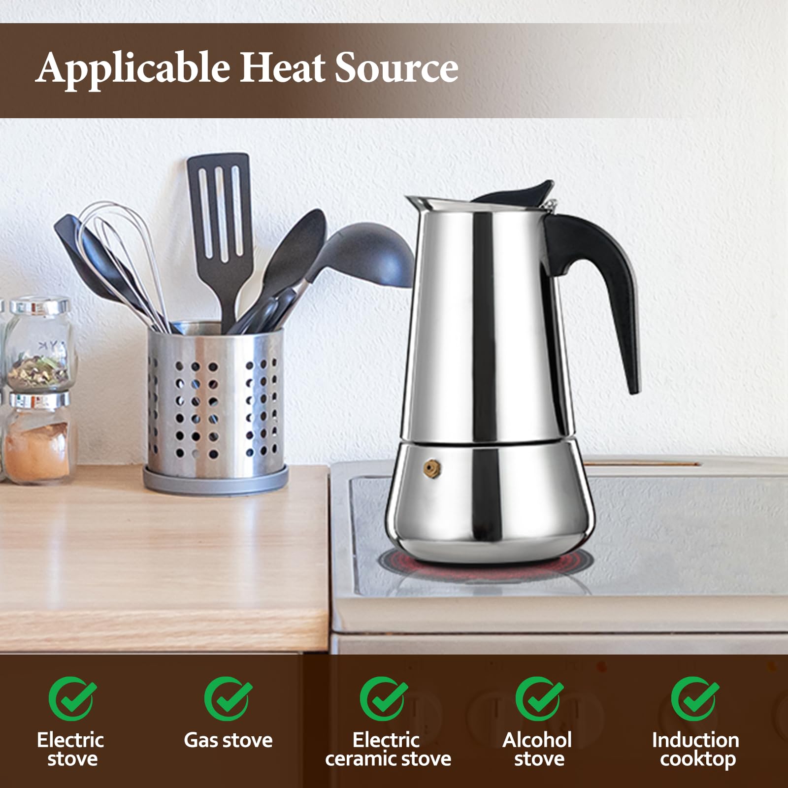 2 Cup Moka Pot Percolator - Italian Stovetop Espresso Maker (100ml) - Stainless Steel Coffee Brewer for Induction & Ceramic Cooktops - Perfect for Home, Office, Camping & Gifts