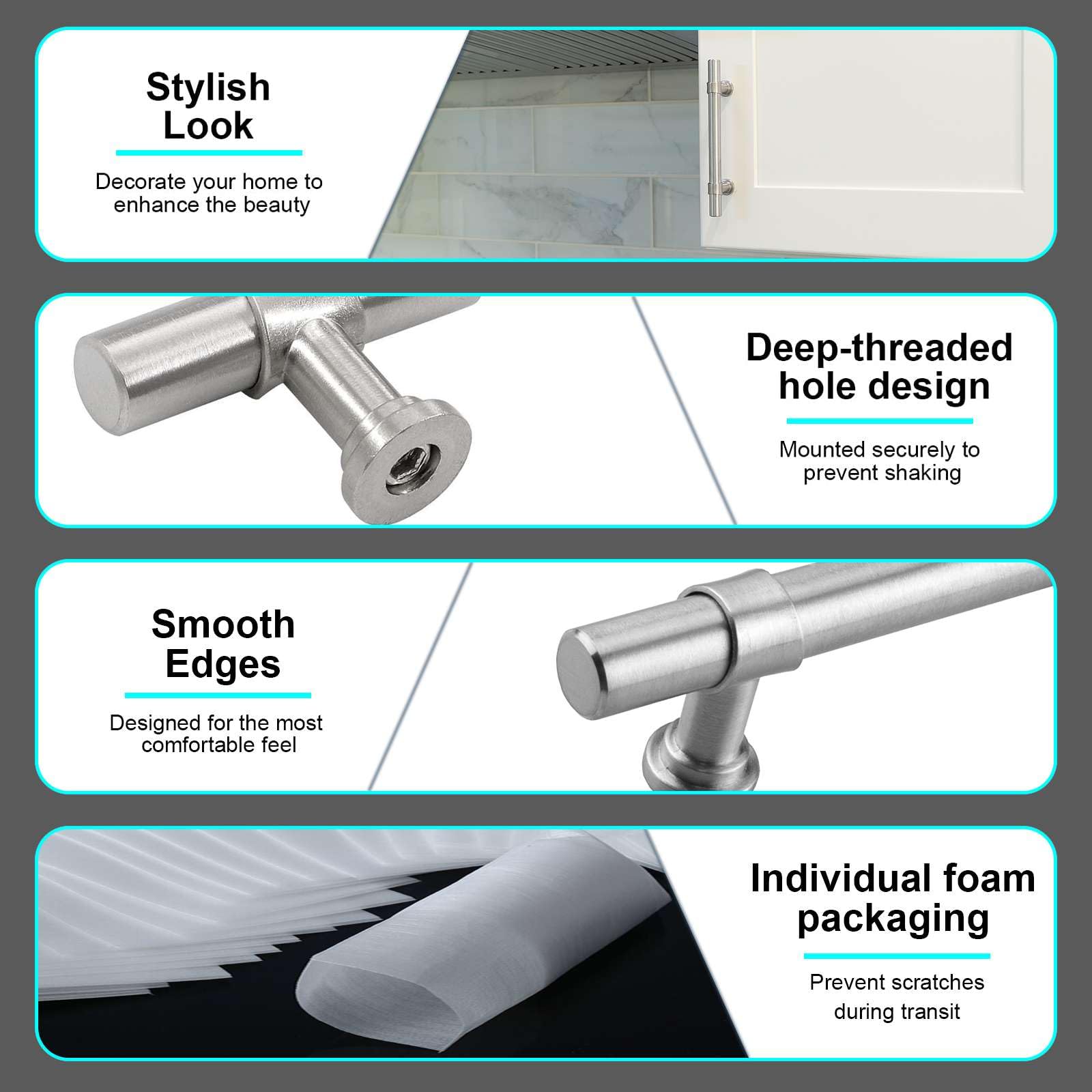 Modket 5 Pack Round Bar Cabinet Pulls - 304 Stainless Steel Brushed Nickel Finish, 5 Inch Overall Length, 3 Inch (76mm) Hole Center - Perfect for Kitchen Cabinets, Bathroom Vanities & Furniture Drawers
