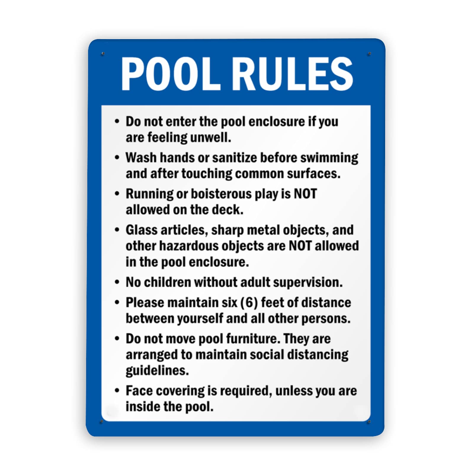 Pool Rules Sign - 8x12 Inch Aluminum Metal Tin Sign for Social Distancing, Warning & Caution - Perfect for Swimming Pools, Traffic Safety, and Business Areas