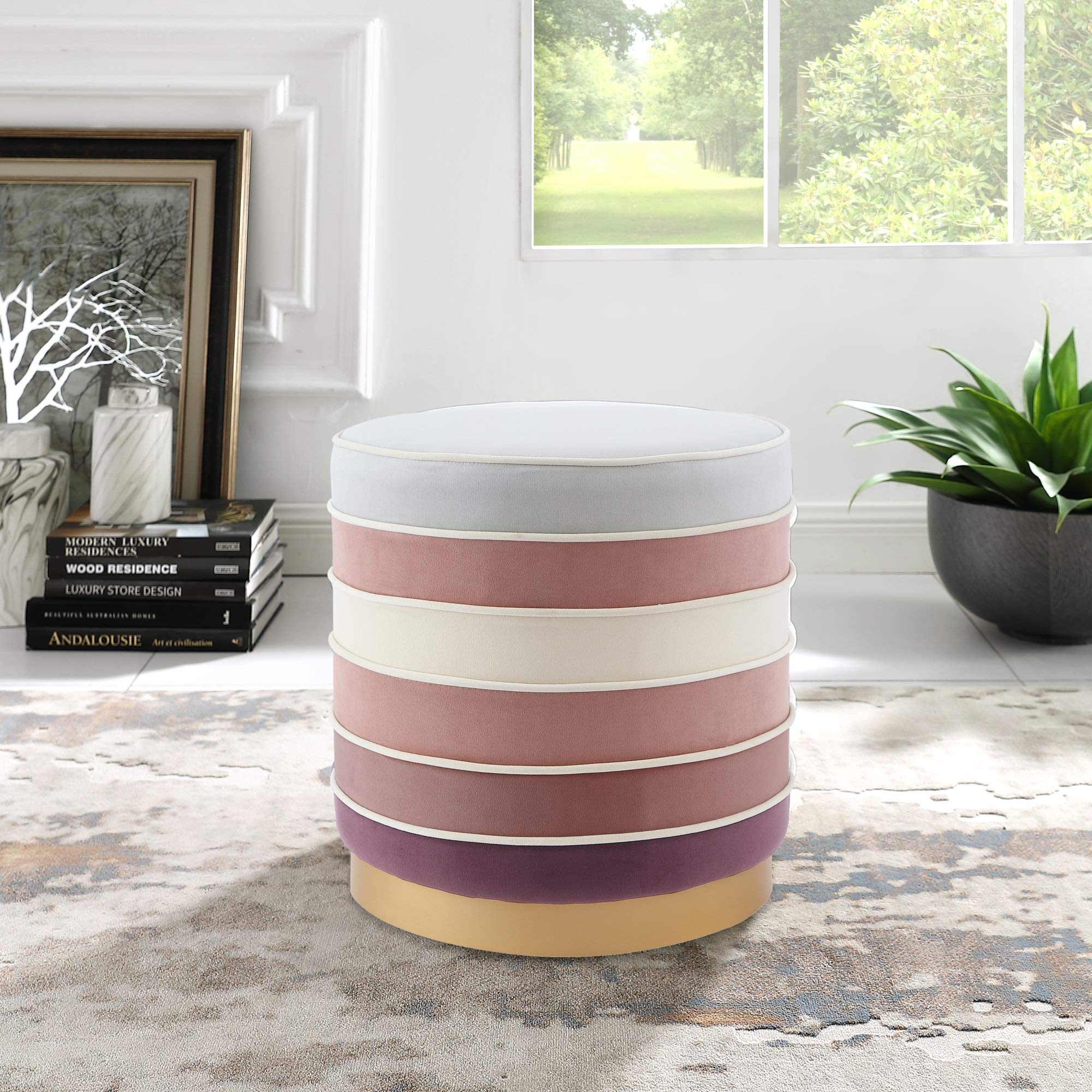 Nicole Miller Blush Velvet Ottoman with Matte Metal Base - Cory Design Multi-Layered Footstool for Living Room, Bedroom & Home Decor