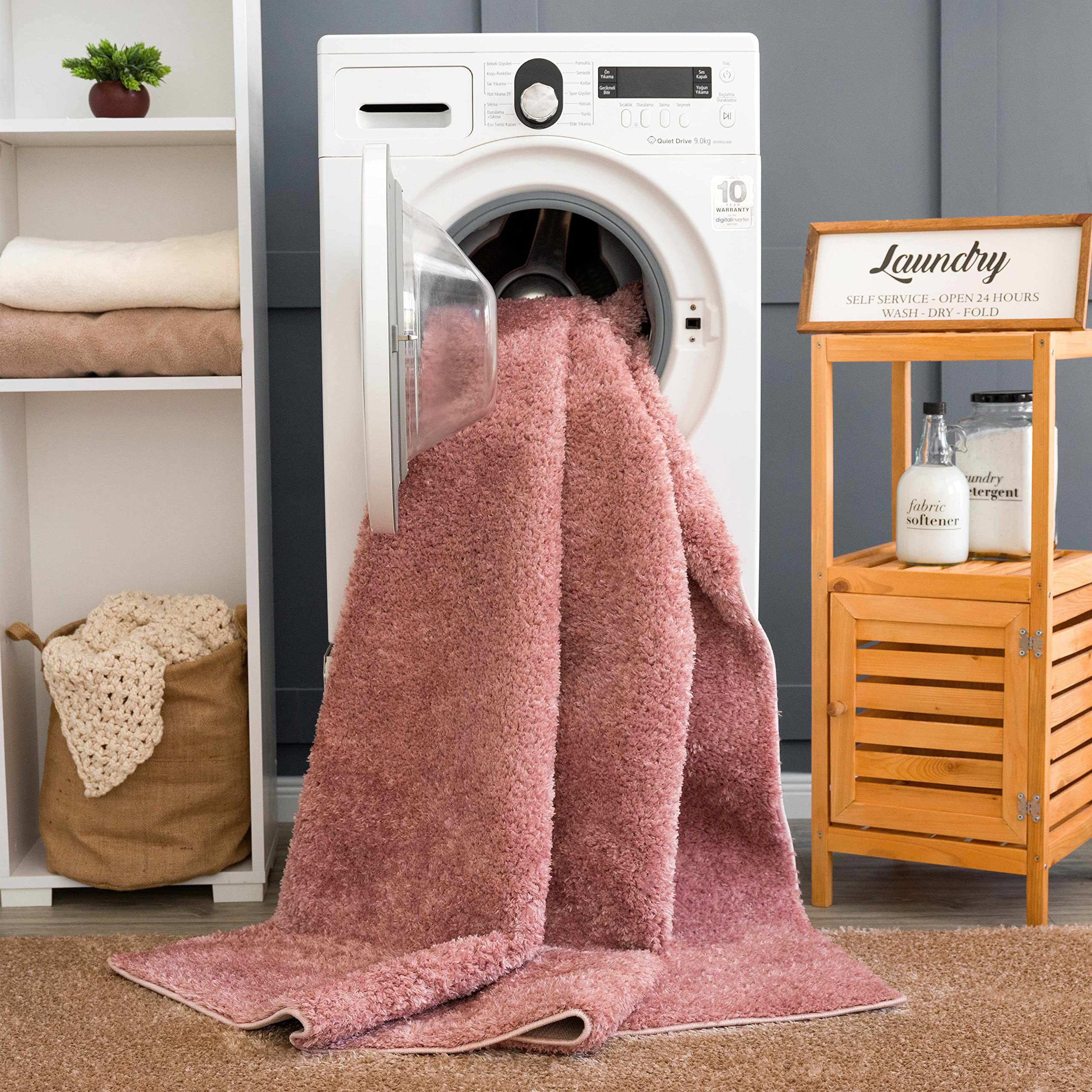 Hauteloom Machine Washable Solid Shag Rug - Soft Fluffy Plush High Pile Carpet for Living Room, Bedroom, Nursery & Dorm - Non-Slip Cozy Home Decor in Pink, Light Red, Light Burgundy - 7'10