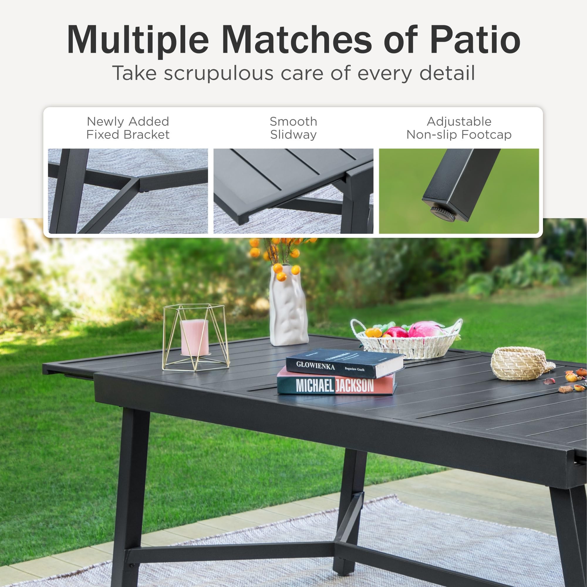 PHI VILLA Expandable Outdoor Dining Table - 6 to 8 Person Metal Patio Table with Adjustable Legs, Black Rectangular Garden Bistro Table - Perfect for Backyard BBQs, Poolside Gatherings & Outdoor Entertaining