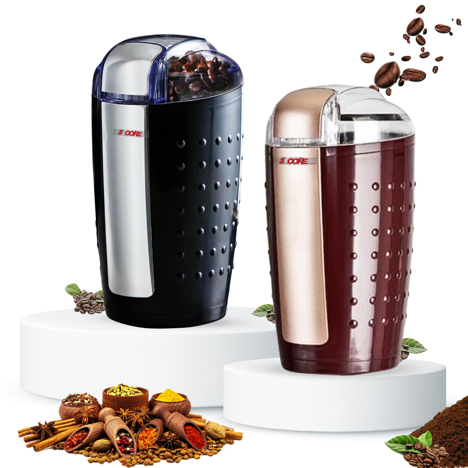 Premium 5-Core Electric Coffee Grinder - 150W, 85g/3oz Capacity, One-Touch Operation - Stainless Steel Blades for Beans & Spices - Black & Brown (Perfect for Home Kitchens, Coffee Shops & Office Break Rooms)