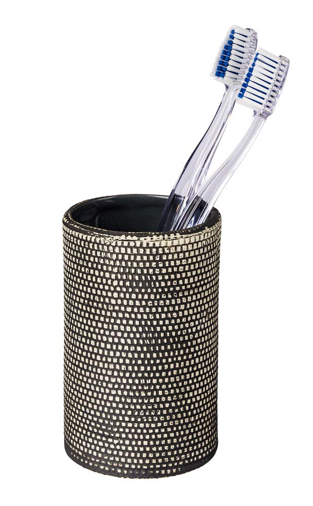 WENKO Mali Ceramic Toothbrush Holder with Drainage Holes, Grey/Black - Bathroom Organizer for Countertop Storage & Toothbrush Drying