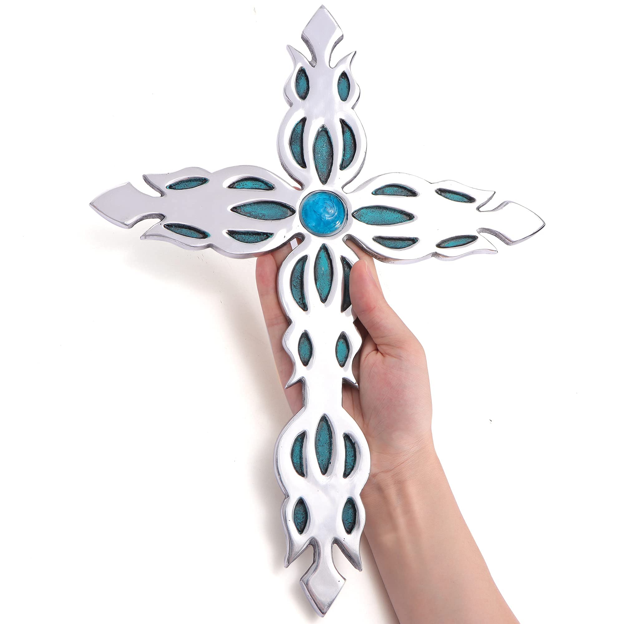 Handmade Silver Blue Crackled Glass Cross Wall Decor for Home & Office Gifts