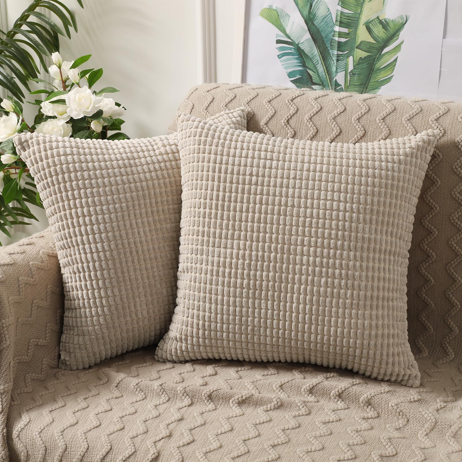 BeBen 20x20 Corduroy Throw Pillow Covers Set of 2 - Soft Square Decorative Cushion Cases for Couch, Sofa, Bed & Car - Beige Home Decor | Perfect for Living Room, Bedroom & Interior Design