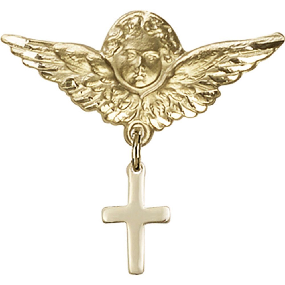 Gold Filled Baby Badge with Cross Charm & Angel Wing Pin - 1 x 1 1/8 Inch - Perfect for Christening Gifts, Baby Showers & Keepsake Jewelry