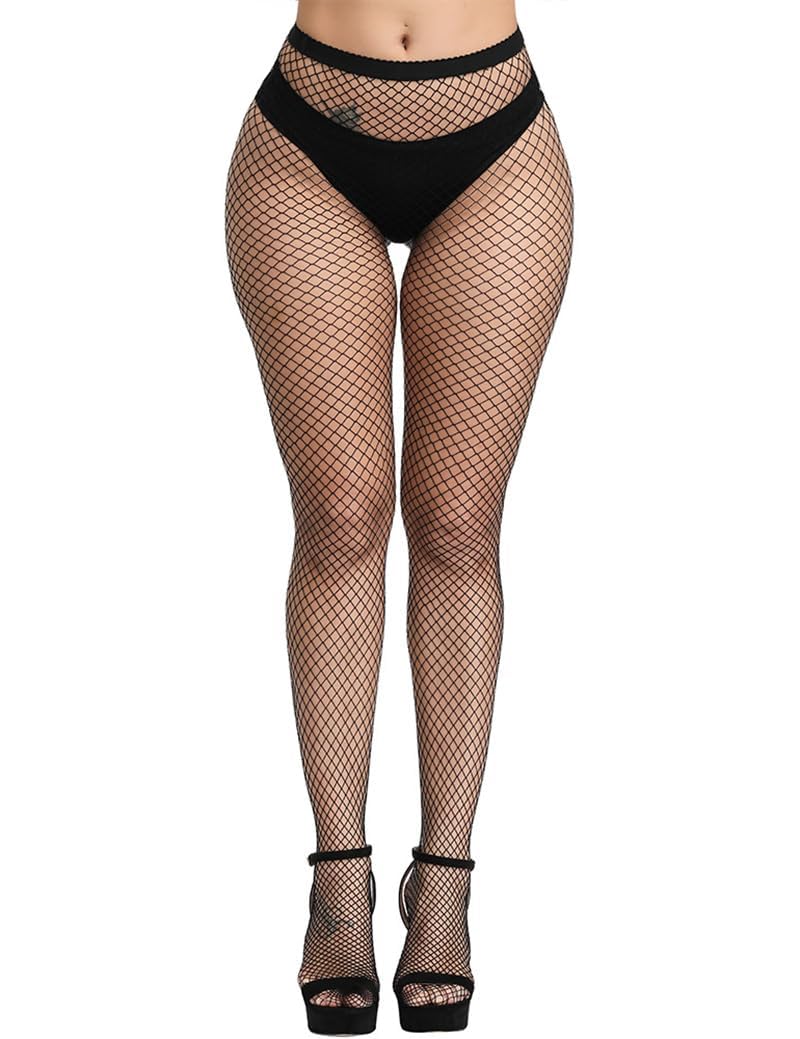 Sexy High Waisted Fishnet Stockings for Women - Stretchy Wide Mesh Tights for Halloween, Cosplay & Night Out - Plus Size Options Available