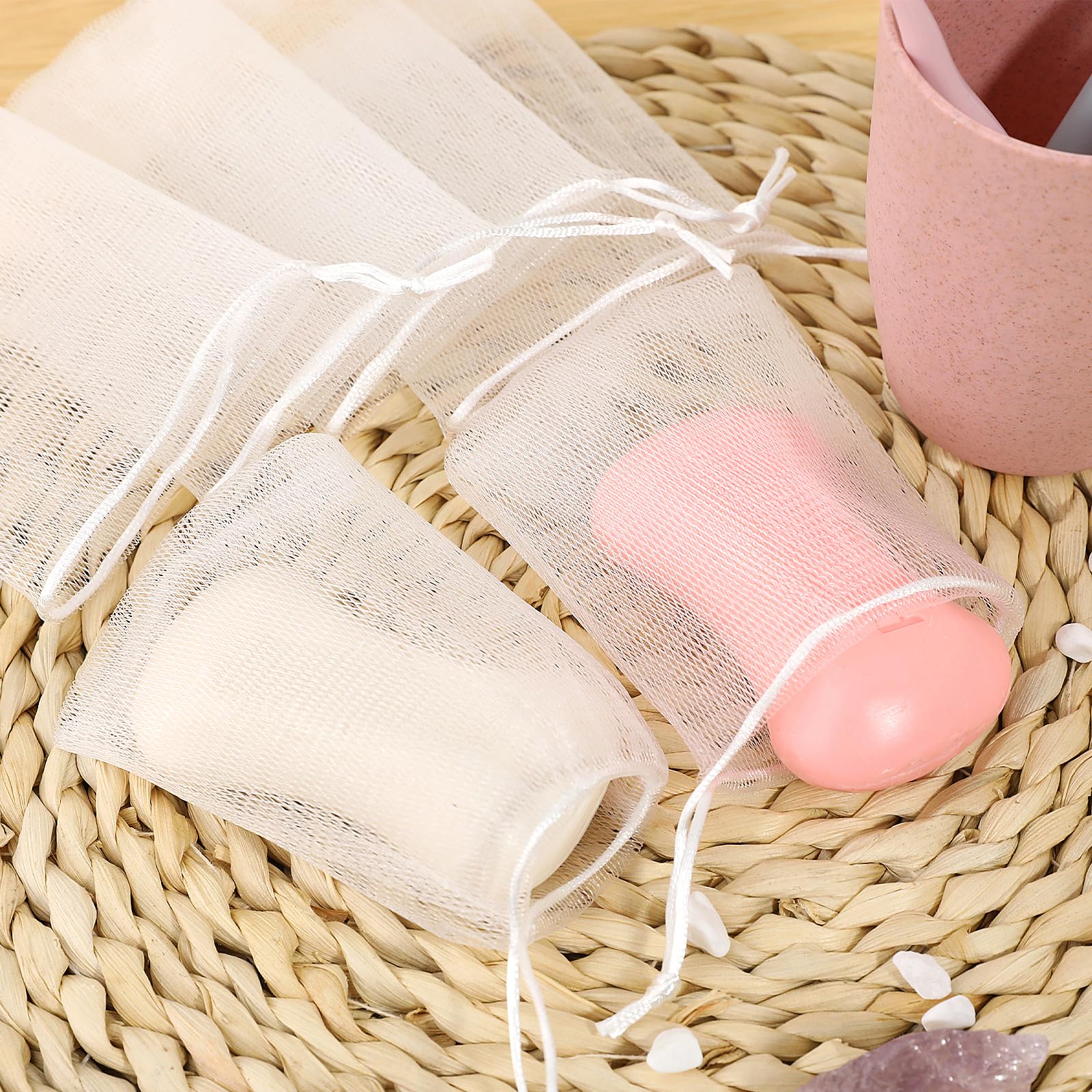 Mozeat 30-Pack Exfoliating Mesh Soap Saver Pouches with Drawstring - Reusable Soap Bags for Handmade Soap, Bath & Shower | Creates Rich Lather, Extends Soap Life, Perfect for Travel & Eco-Friendly Bathing