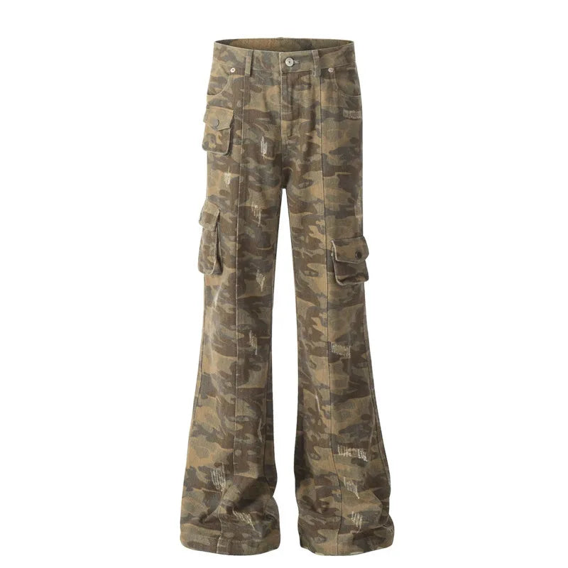 2025 Trendy Men's Camouflage Denim Cargo Pants - Multi-Pocket Wide Leg Distressed Jeans for Casual Wear | Outdoor Adventure & Street Style Fashion