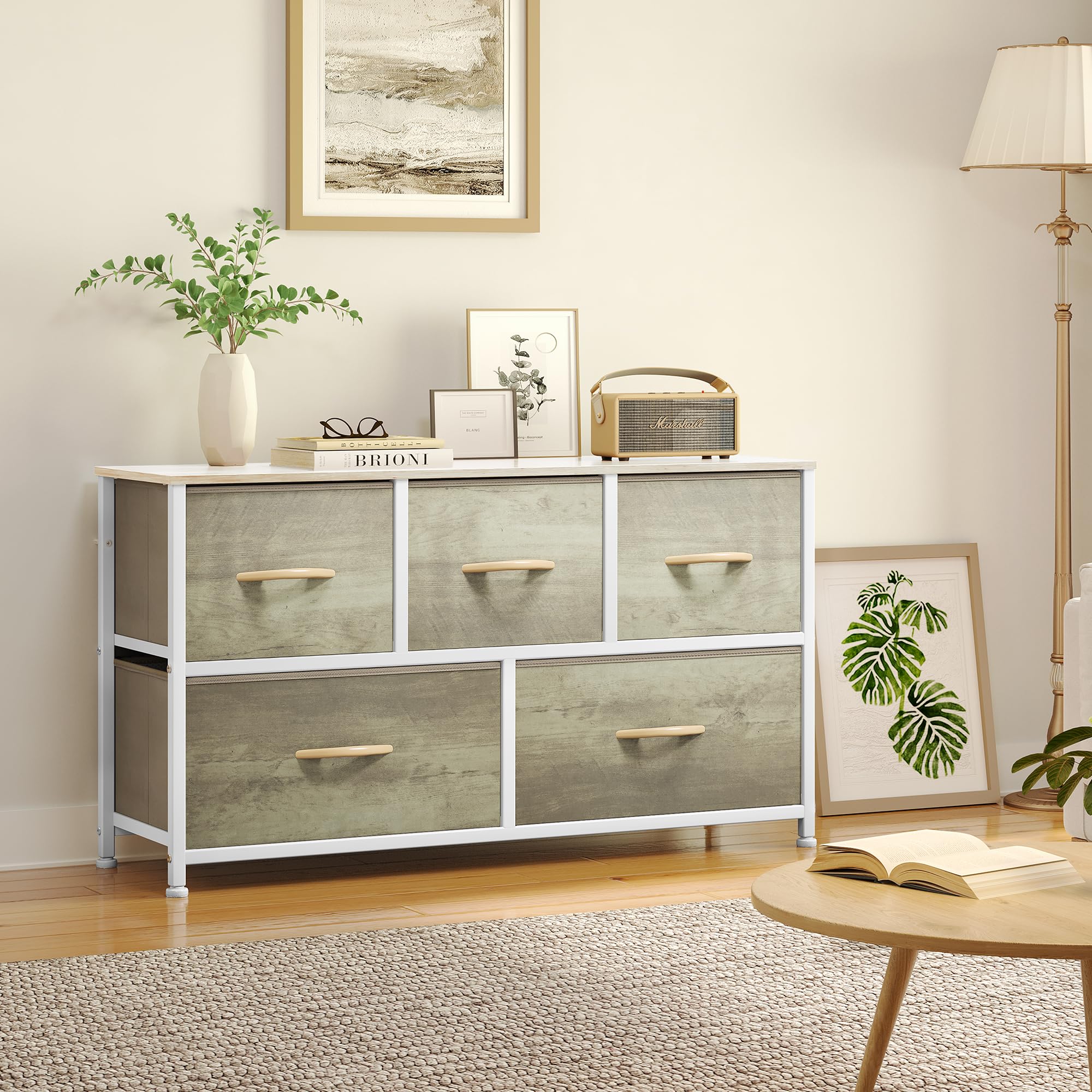 YITAHOME 5-Drawer Wide Chest Dresser - Oak Greige Fabric Storage Tower with Sturdy Steel Frame & Wooden Top - Perfect for Bedroom, Living Room, and Closet Organization