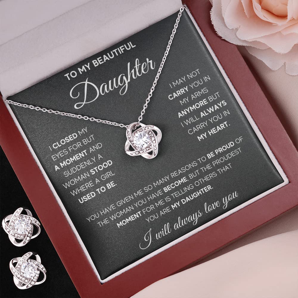 **Mother Daughter Necklace Gift Set - Heart Pendant Jewelry with Message Card & Gift Box - Thoughtful Present from Mom & Dad - Perfect for Birthdays, Anniversaries, or Special Moments (Includes LED Box & Earrings, Proud Love Knot Design)**