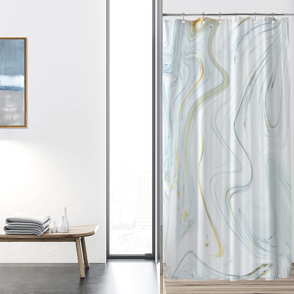 QiyI Marble Texture Shower Curtain Set - Waterproof Washable Fabric Bath Curtain with Green Gold Stripes, 36x72 Inches for Small Bathtub or Stall | Elegant Bathroom Décor for Modern & Vintage Style Homes