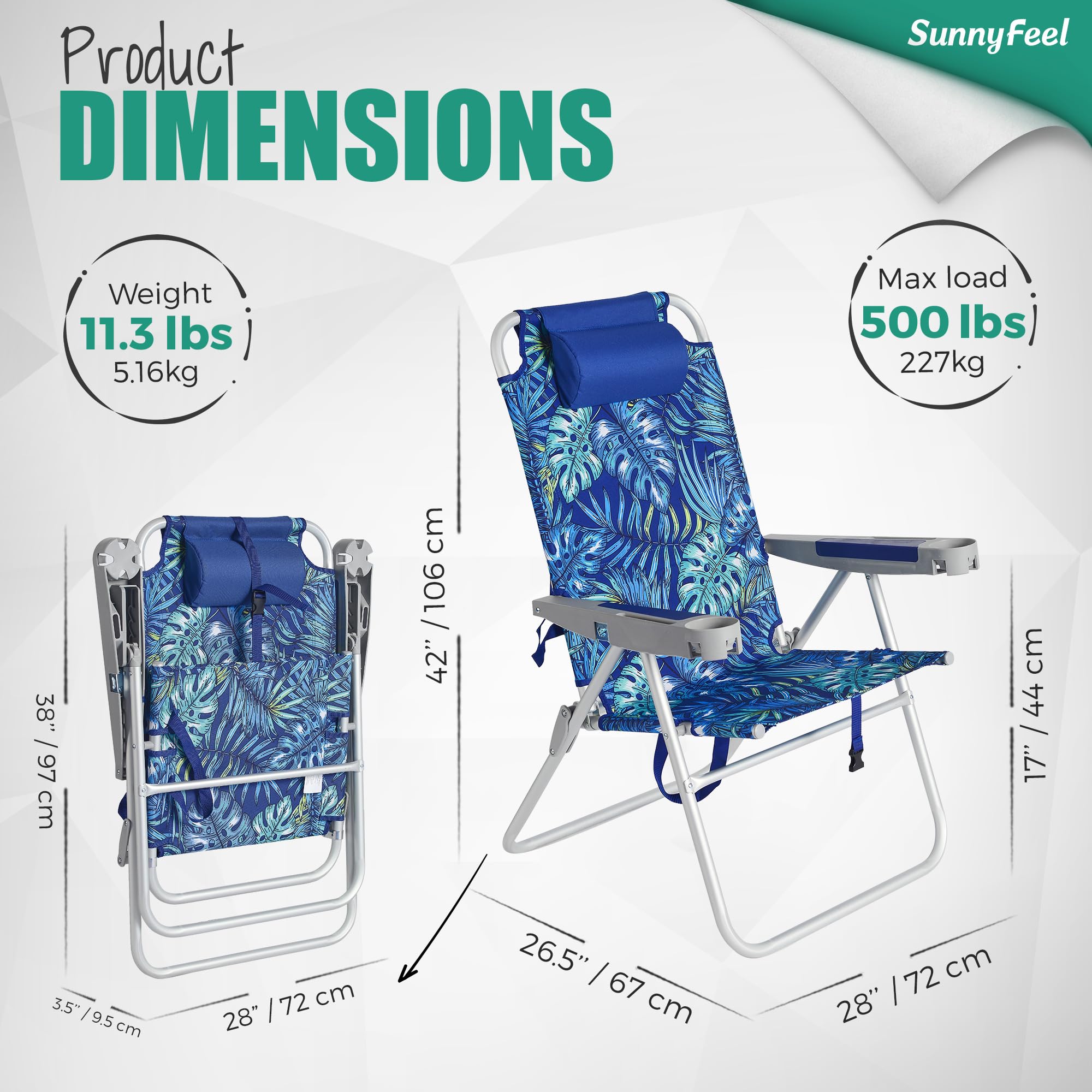 **SUNNYFEEL Oversized Tall Folding Beach Chair – Lightweight & Heavy Duty 500 lbs Capacity – 17