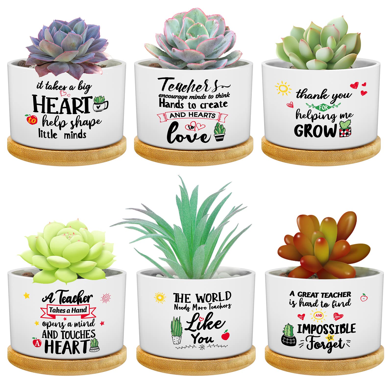 6 Pcs Funny Succulent Pots with Bamboo Tray - Teacher Appreciation, Graduation Gifts for Women - Perfect for Office & Home Decor