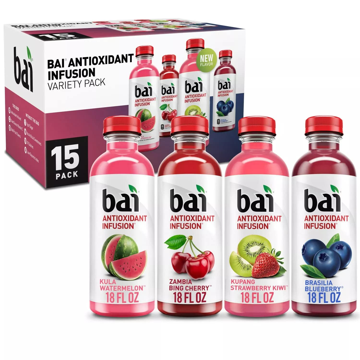 Bai Antioxidant Infusion Variety Pack - 15 Count (18 fl. oz. Bottles) - Natural Flavored Herbal Tea Drinks for Energy & Wellness - Perfect for Office, Gym & Healthy Lifestyle