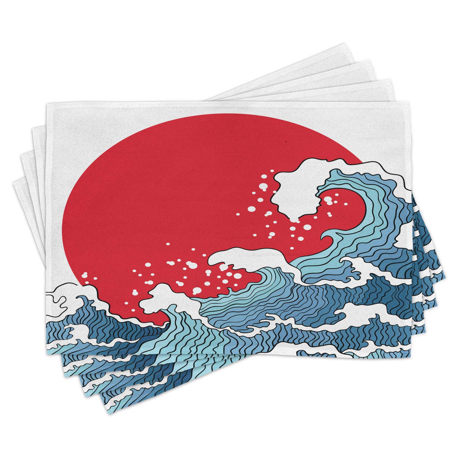 Ambesonne Japanese Wave Place Mats Set of 4 - Red Sun Tropical Nautical Design, Washable Fabric Dining Table Mats for Kitchen & Home Decor (Red, Blue, White) | Perfect for Asian-Themed Dinner Parties, Coastal Home Decor, and Restaurant Table Settings