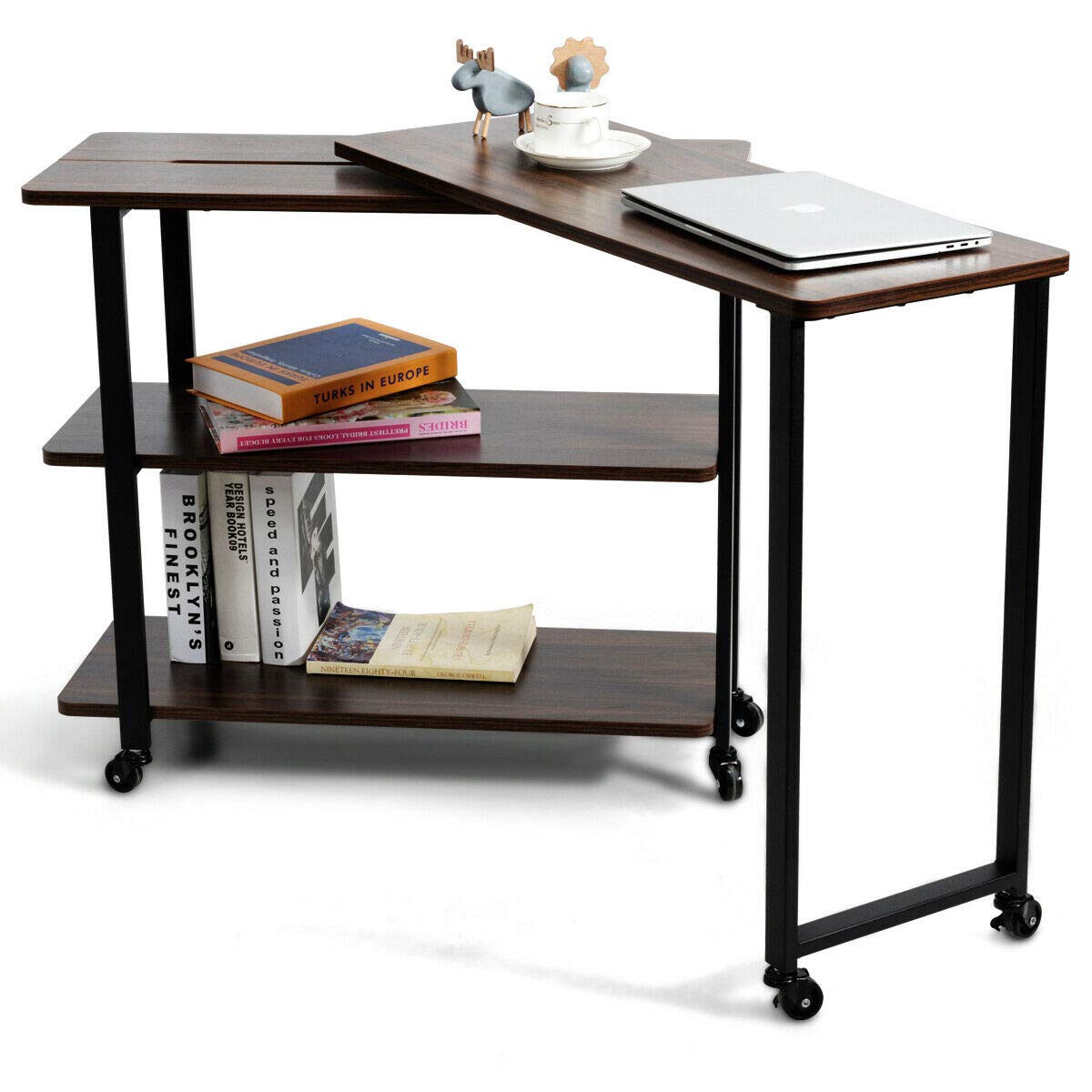 360 Degree Rotating L-Shaped End Table with Wheels & Brake - Sturdy Metal Frame, Open Storage Shelves, Water Resistant & Easy to Clean - Perfect for Living Room, Bedroom, Office (Walnut Finish)
