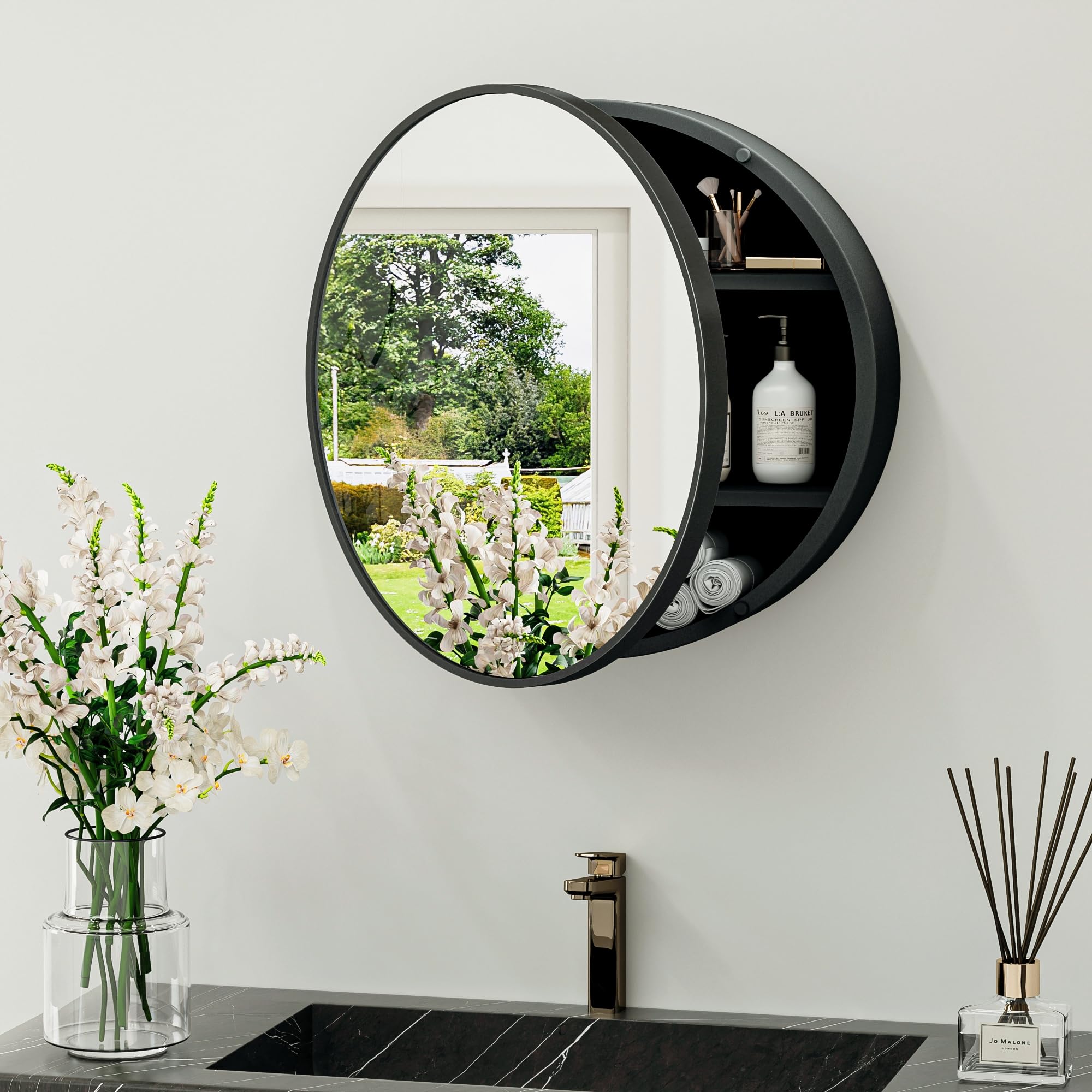 20 Inch Round Black Bathroom Medicine Cabinet with Mirror - Wall Mounted Metal Framed Vanity Mirror with Removable Shelves - Perfect for Farmhouse Style Bathrooms, Small Spaces & Modern Home Decor